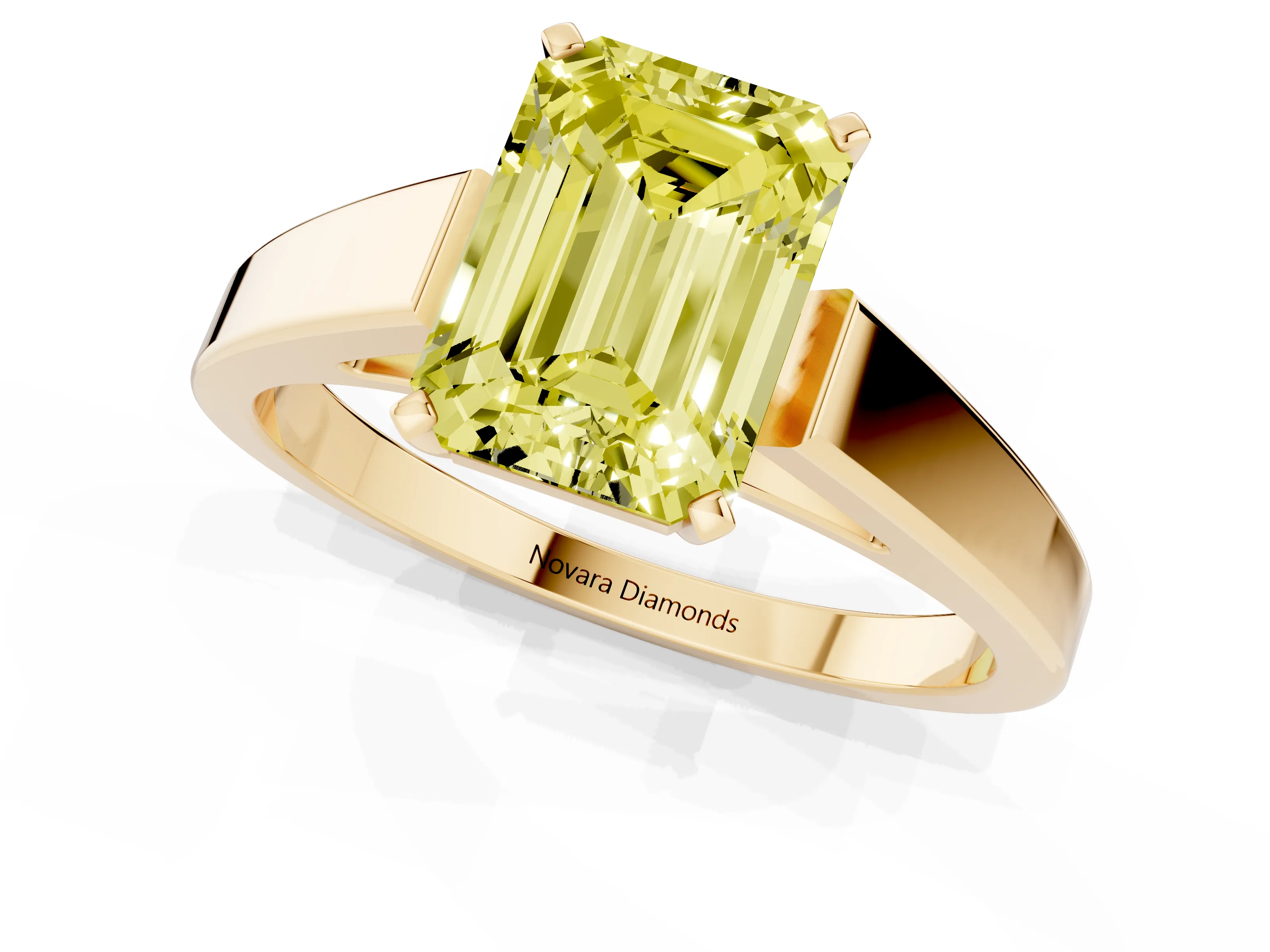 Fancy Yellow Emerald Cut Diamond Solitaire Engagement Ring Set in Yellow gold with Prong Setting and Tapered Band