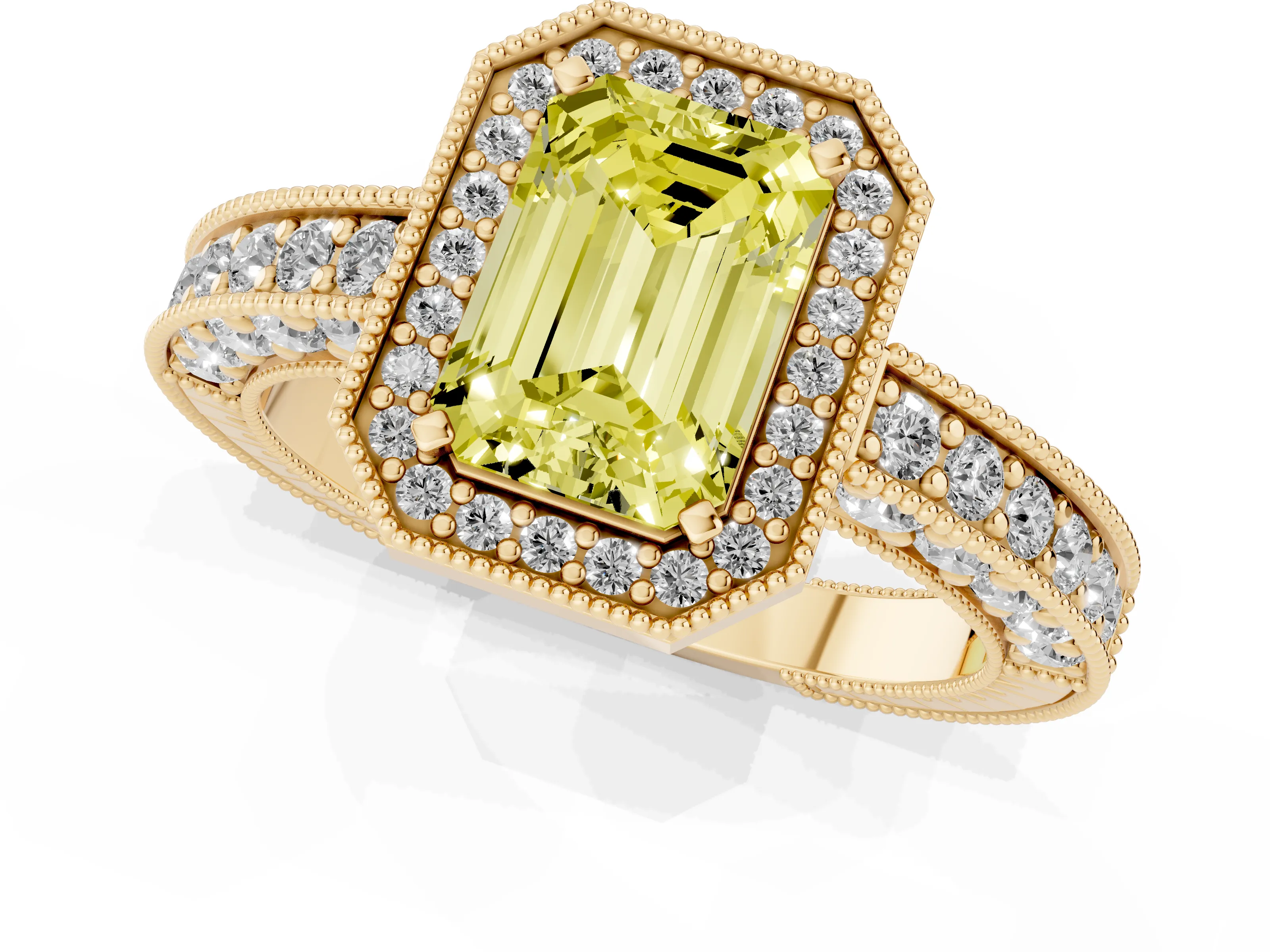 Fancy Yellow Emerald Cut Diamond Halo Pavé Band Ring Set in Yellow gold with Prong-Set Center