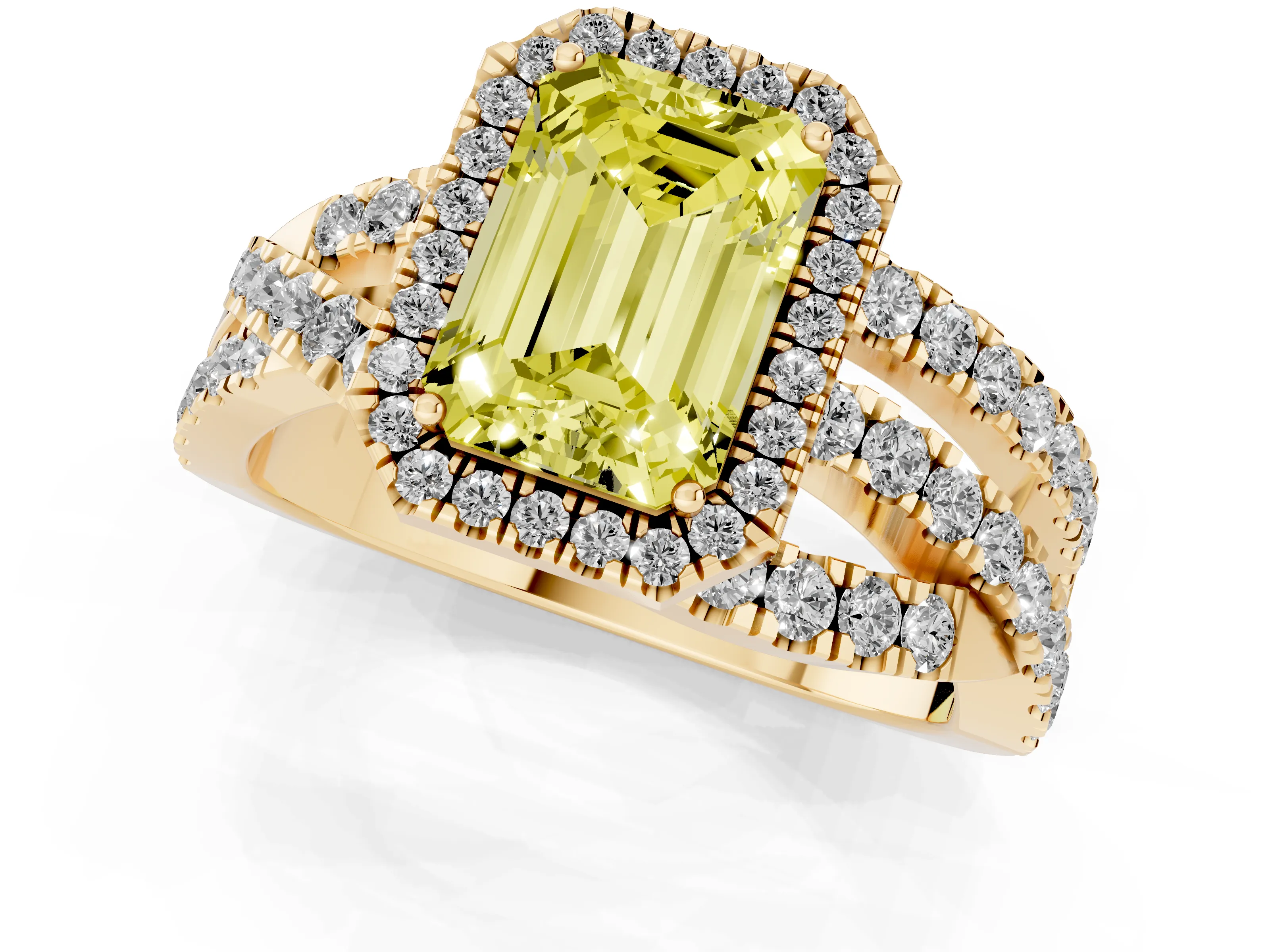 Fancy Yellow Emerald Cut Diamond Halo Ring Set in Yellow gold with Round Crossover Split Shank and Prong Setting