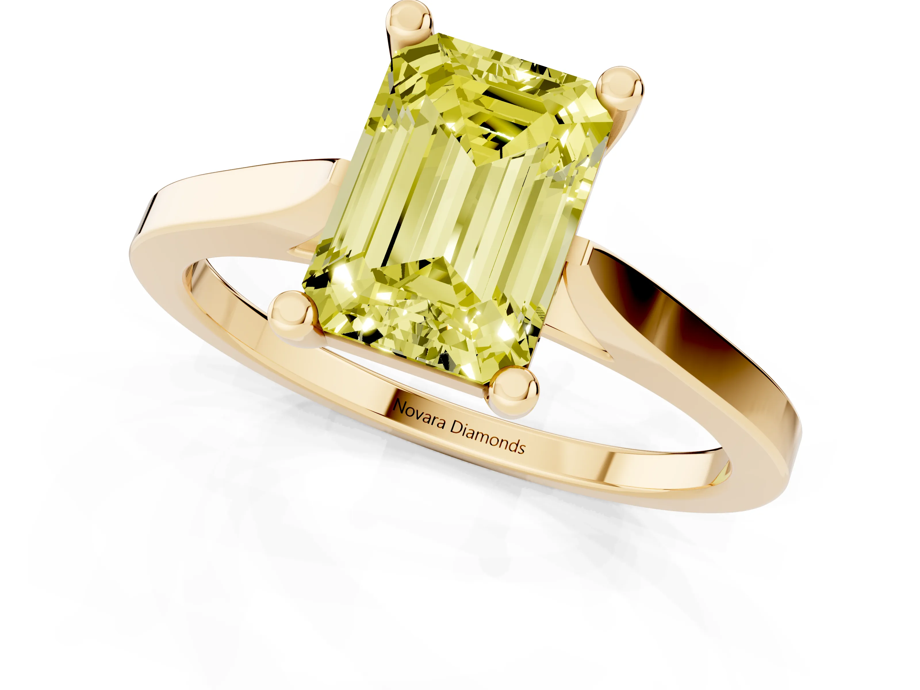 Fancy Yellow Emerald Cut Diamond Solitaire Ring Set in Yellow gold with Prong Setting and Tapered Band