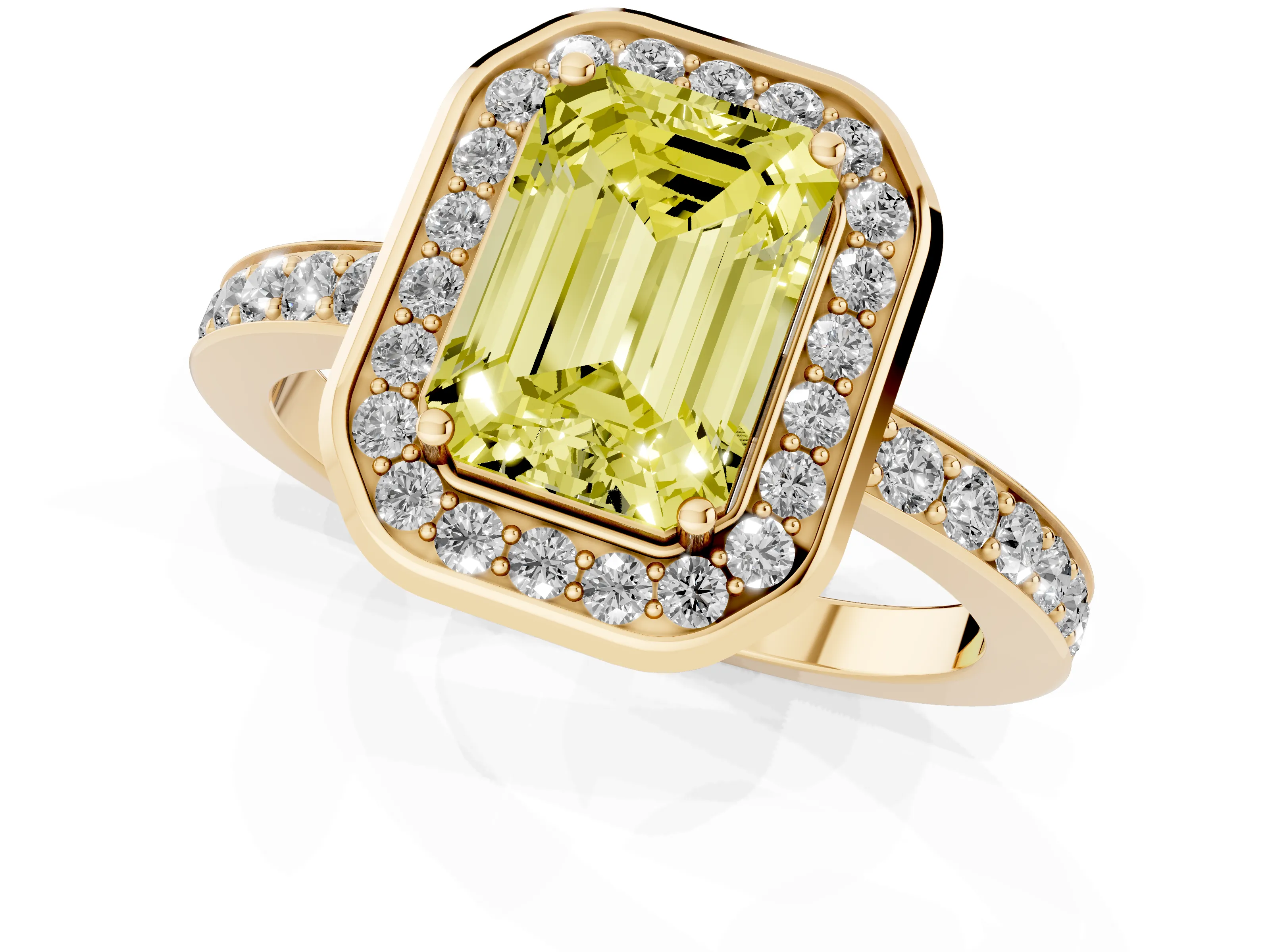 Fancy Yellow Emerald Cut Diamond Halo Ring Set in Yellow gold with Bezel Frame and Pavé Band