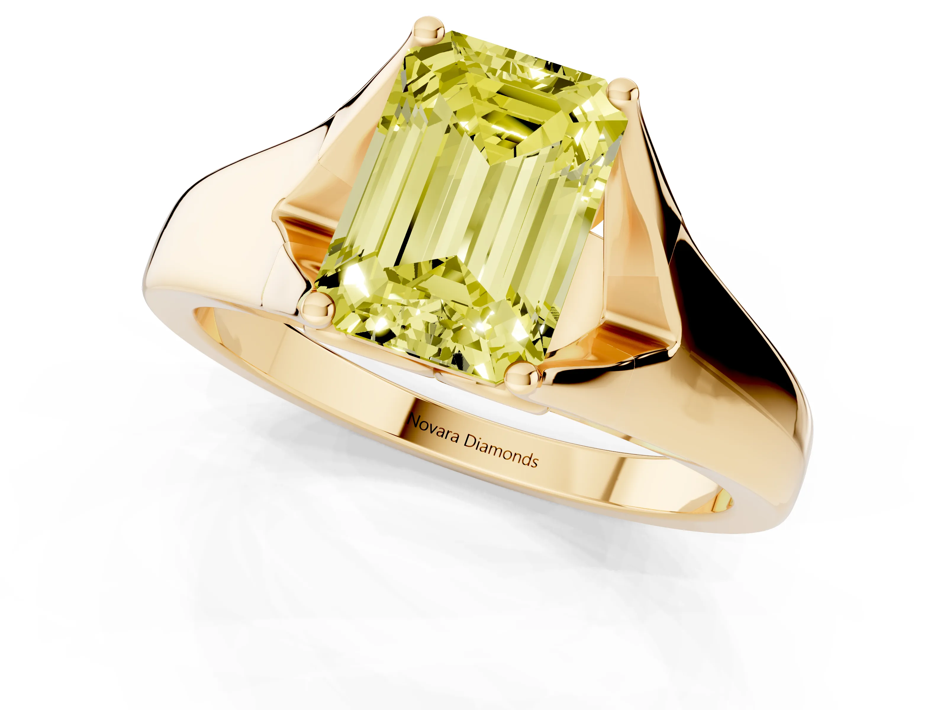 Fancy Yellow Emerald Cut Diamond Solitaire Ring Set in Yellow gold with Arched Cathedral Band and Prong Setting
