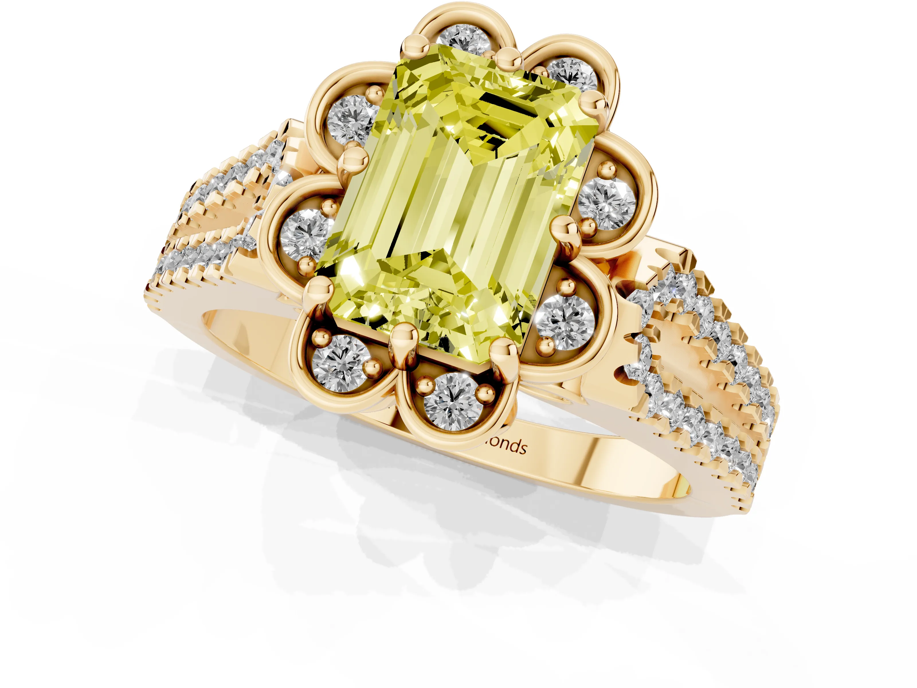 Fancy Yellow Emerald Cut Diamond Floral Halo Split Shank Engagement Ring Set in Yellow gold with Pavé Shank