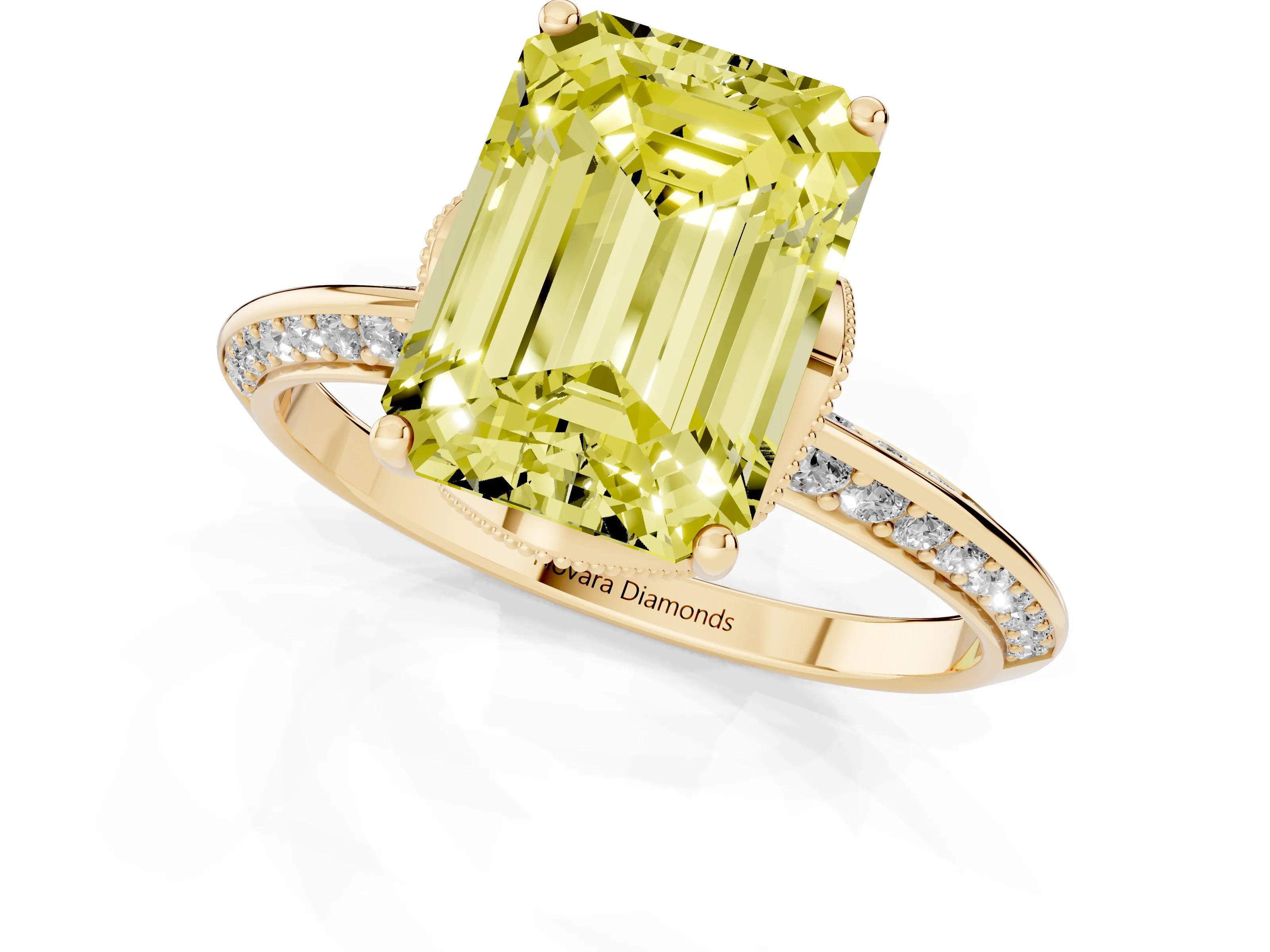 Fancy Yellow Emerald Cut Diamond Solitaire Engagement Ring Set in Yellow gold with Pavé Split Shank and Prong Setting