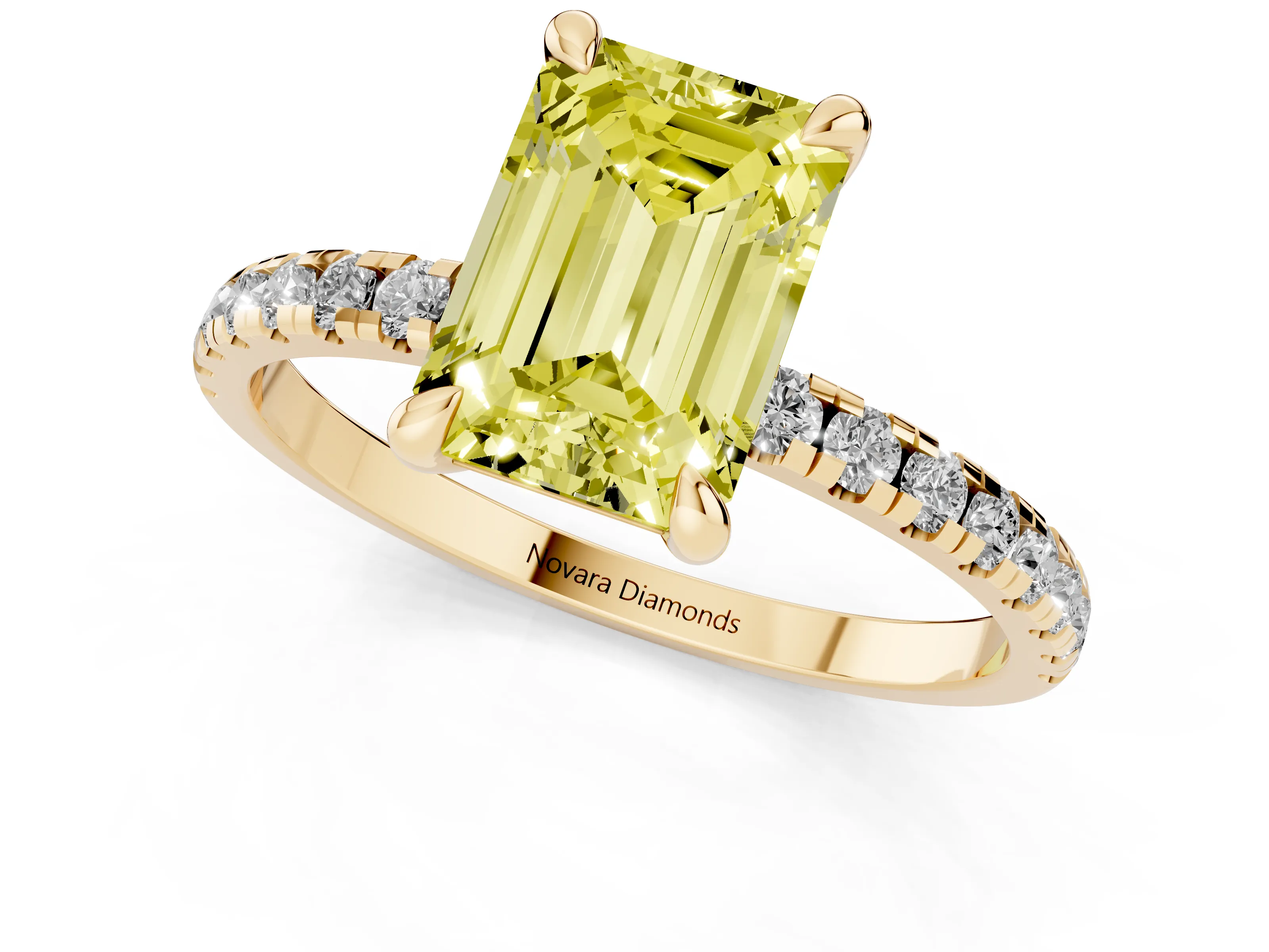 Fancy Yellow Emerald Cut Diamond Brilliant Solitaire Ring Set in Yellow gold with Pavé Band and Prong Setting