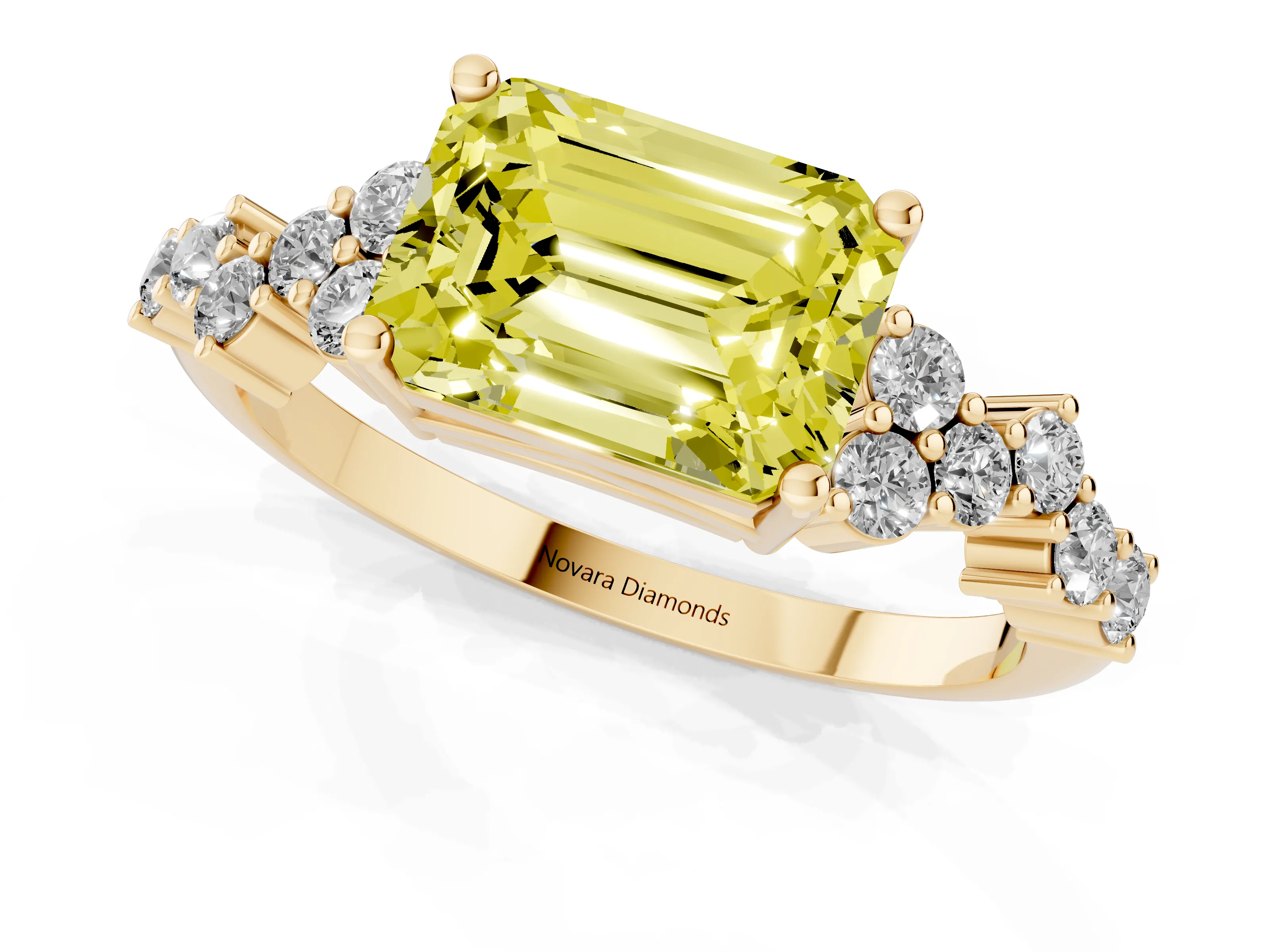 Fancy Yellow Emerald Cut Diamond Ring Set in Yellow gold with Scattered Round Accents
