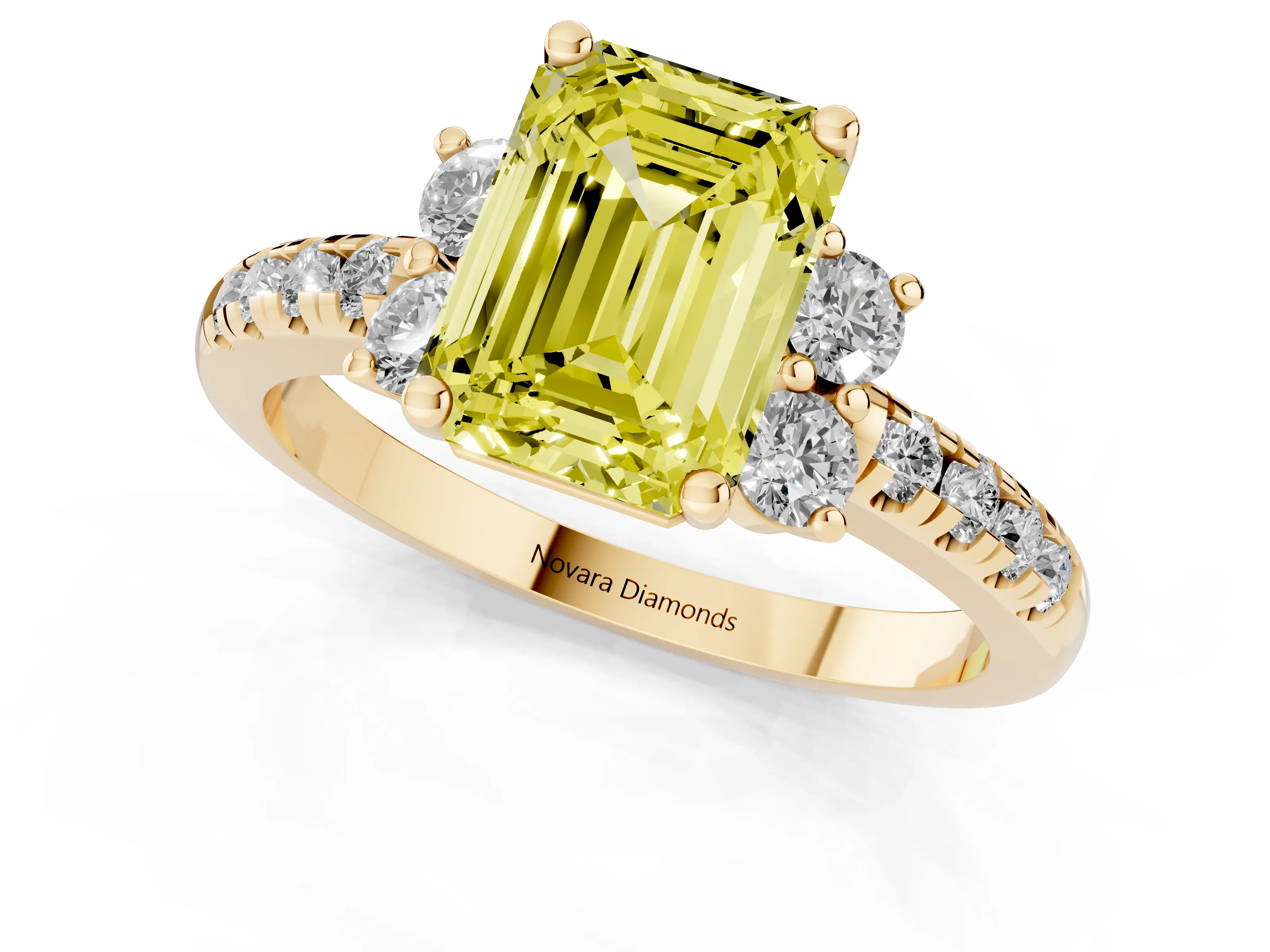 Fancy Yellow Emerald Cut Diamond Three-Stone Pavé Ring Set in Yellow gold with Prong Setting