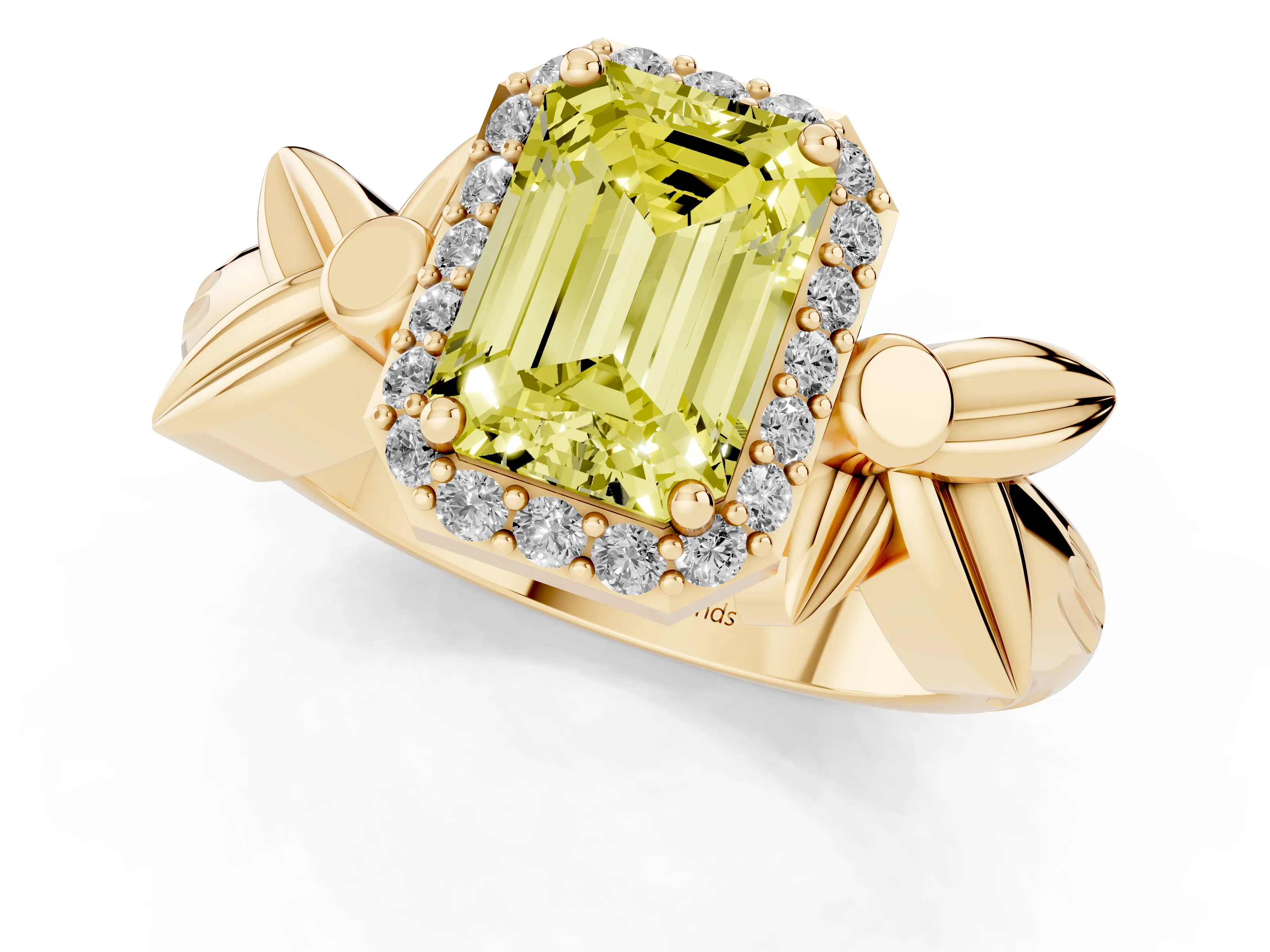 Fancy Yellow Emerald Cut Diamond Halo Floral Band Ring Set in Yellow gold with Prong Setting