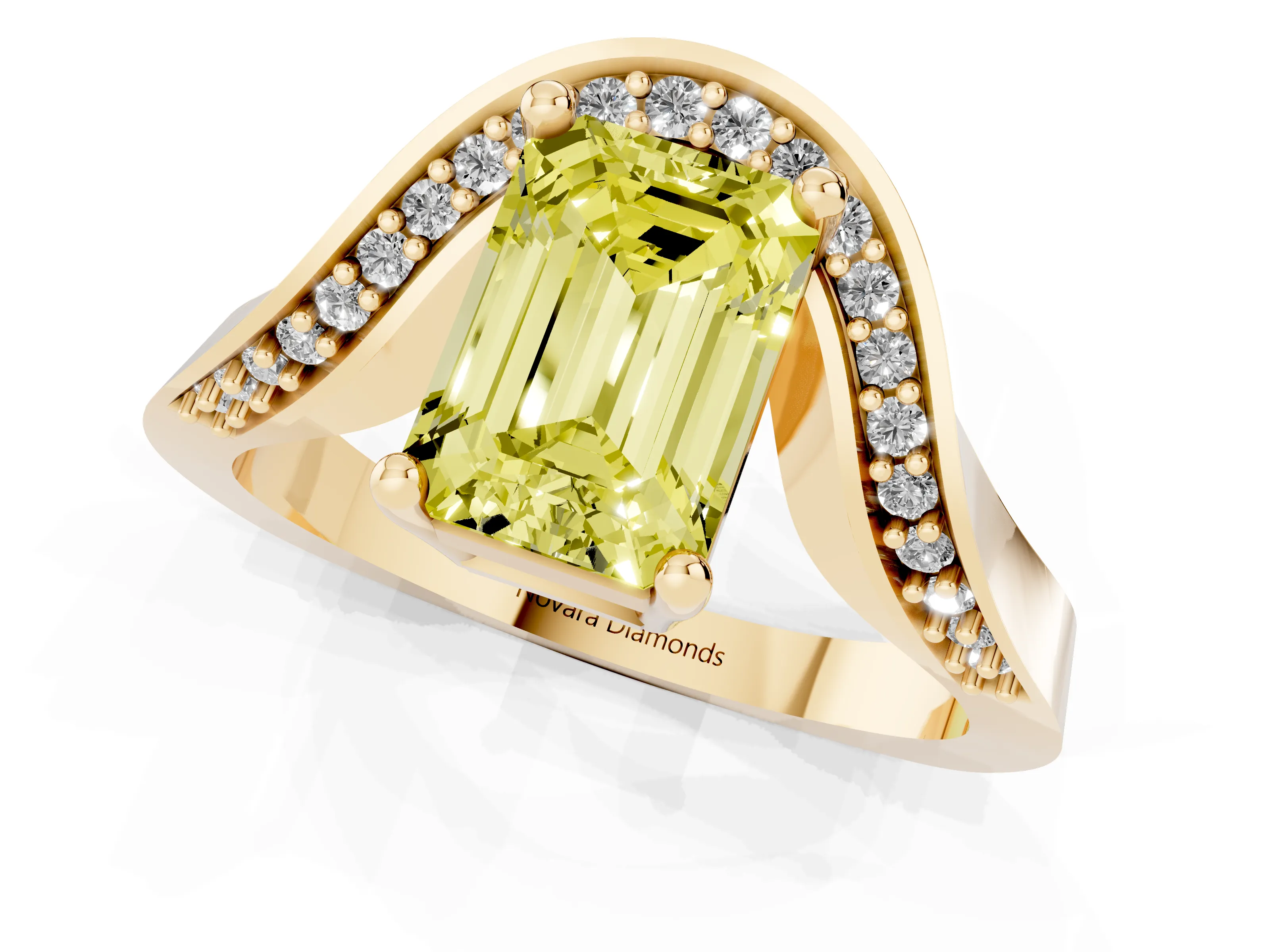 Fancy Yellow Emerald Cut Diamond Solitaire Engagement Ring Set in Yellow gold with Pavé Shoulders