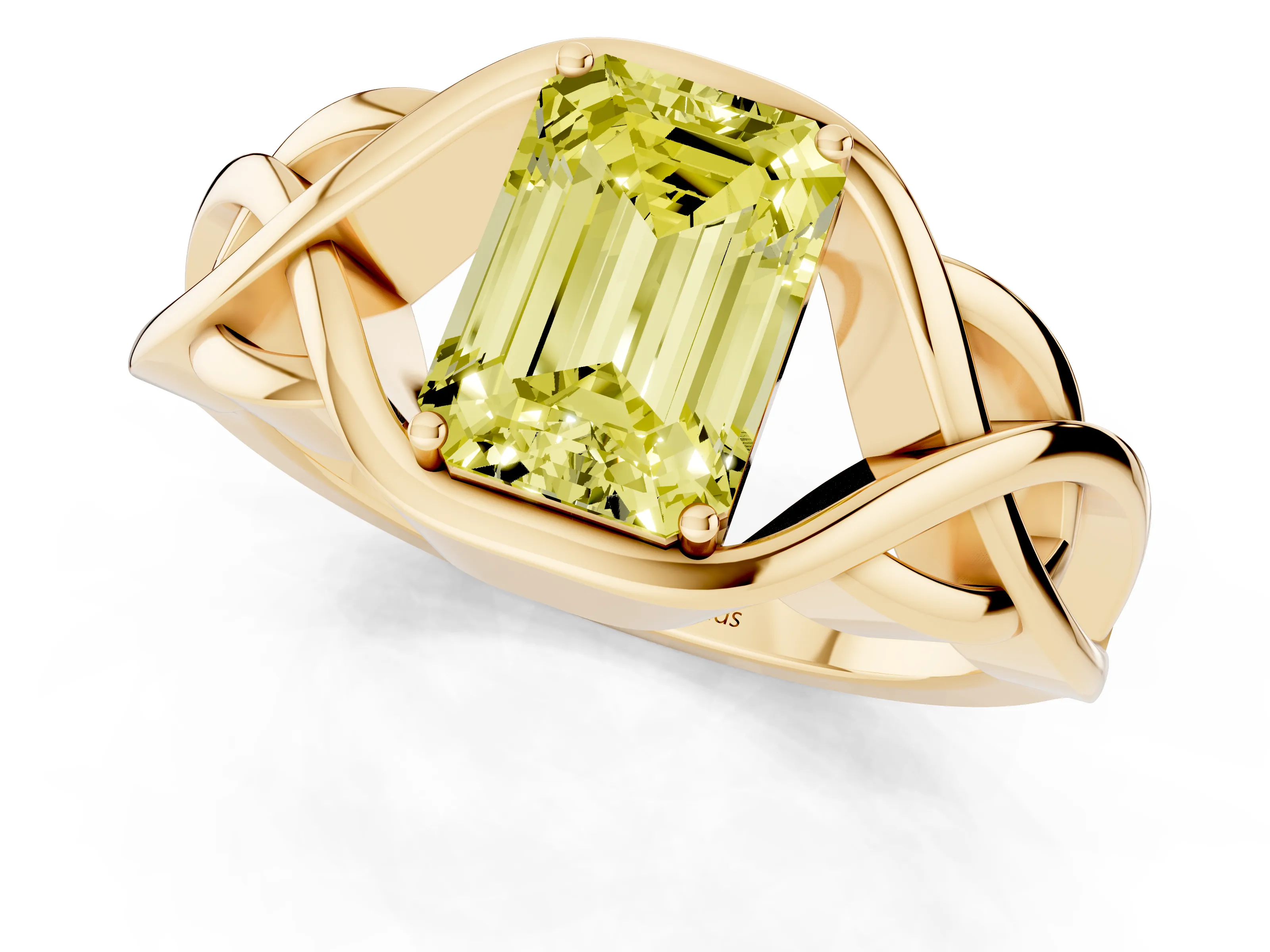 Fancy Yellow Emerald Cut Diamond Solitaire Ring Set in Yellow gold with Intertwined Band