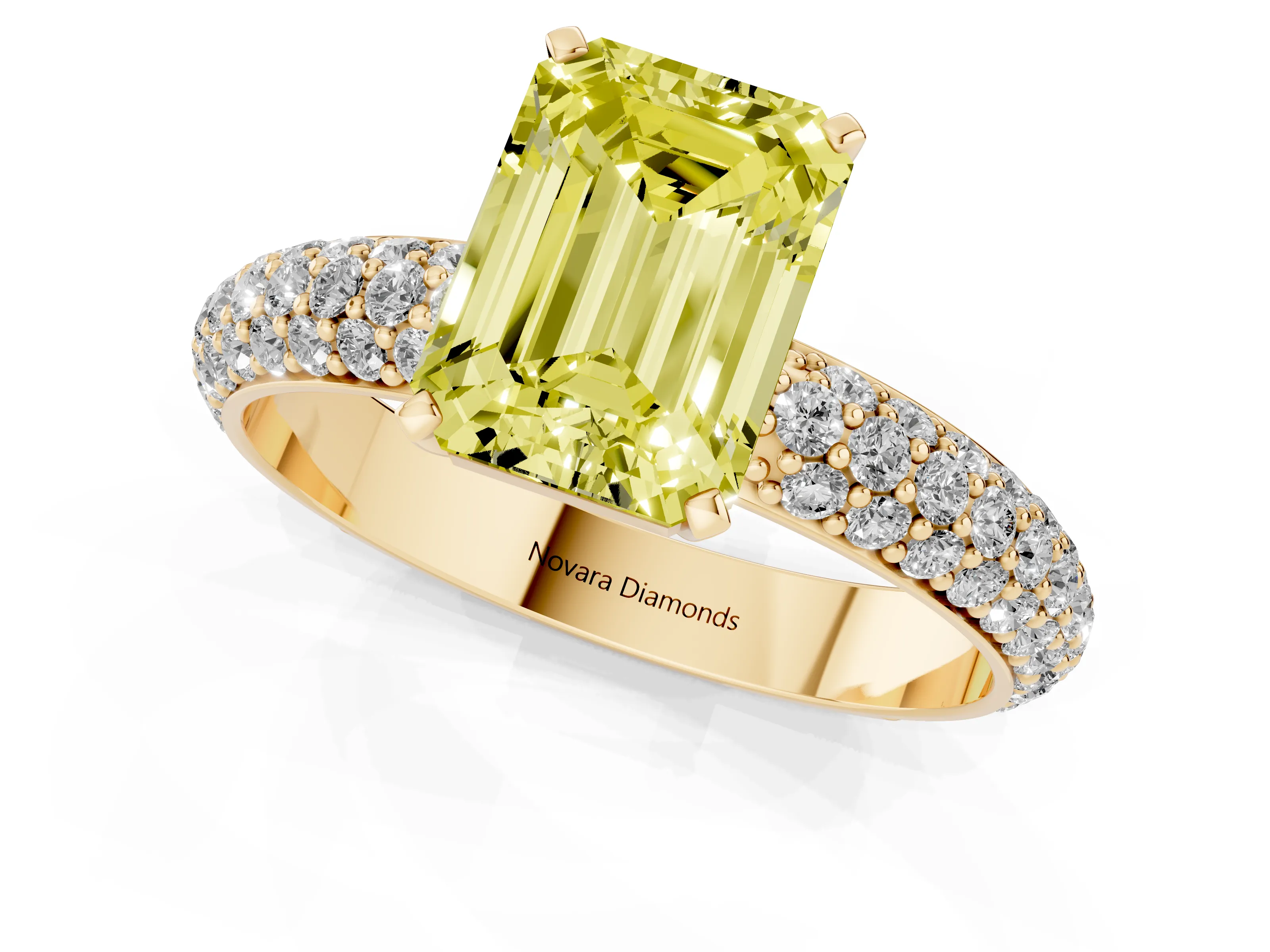 Fancy Yellow Emerald Cut Diamond Solitaire Ring Set in Yellow gold with Prong Setting and Pavé-Set Band