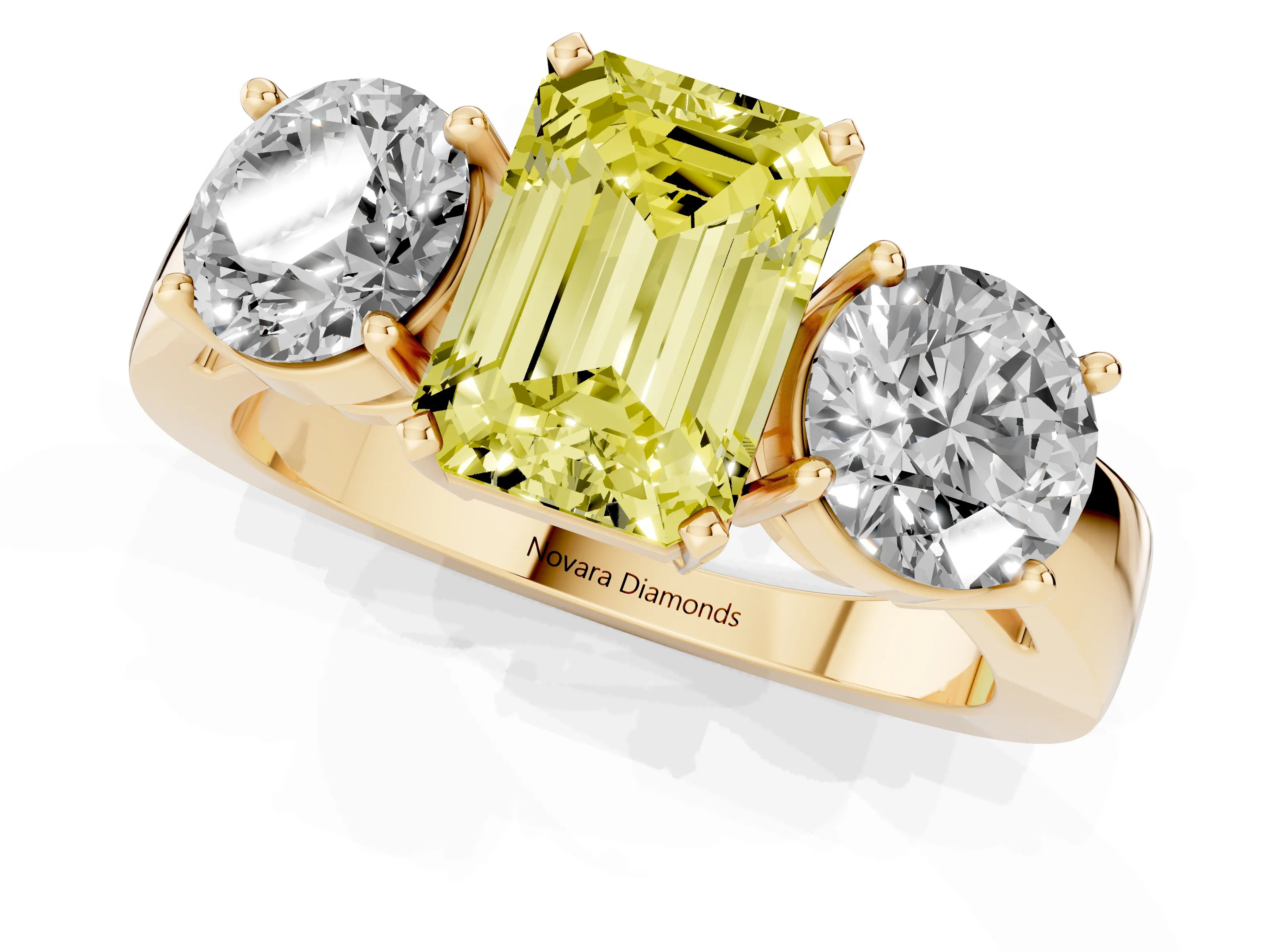 Fancy Yellow Emerald Cut Diamond Three-Stone Ring Set in Yellow gold with Round Side Stones and Classic Band