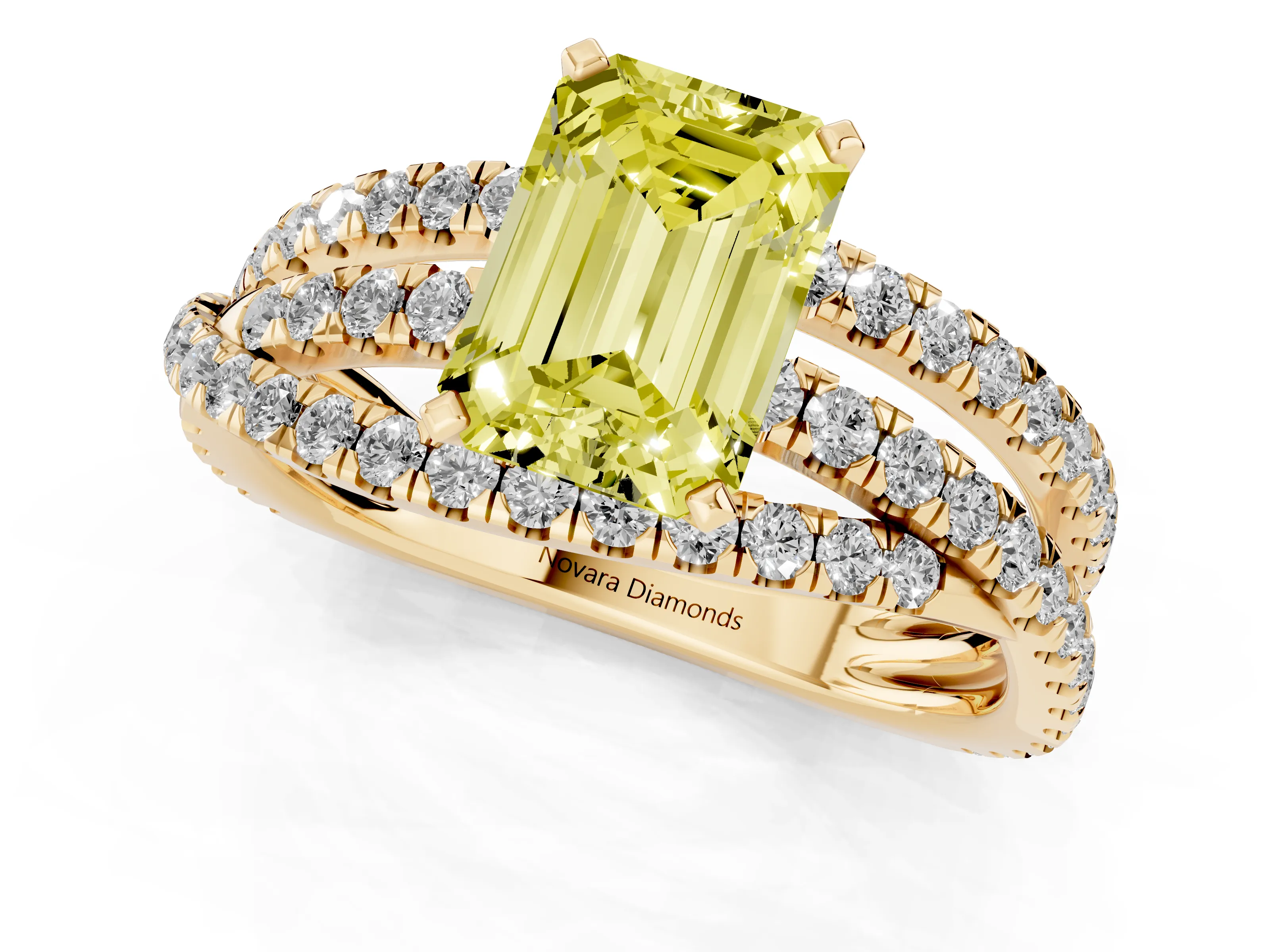 Fancy Yellow Emerald Cut Diamond Solitaire Twist Band Ring Set in Yellow gold with Pavé Setting and Prong Head