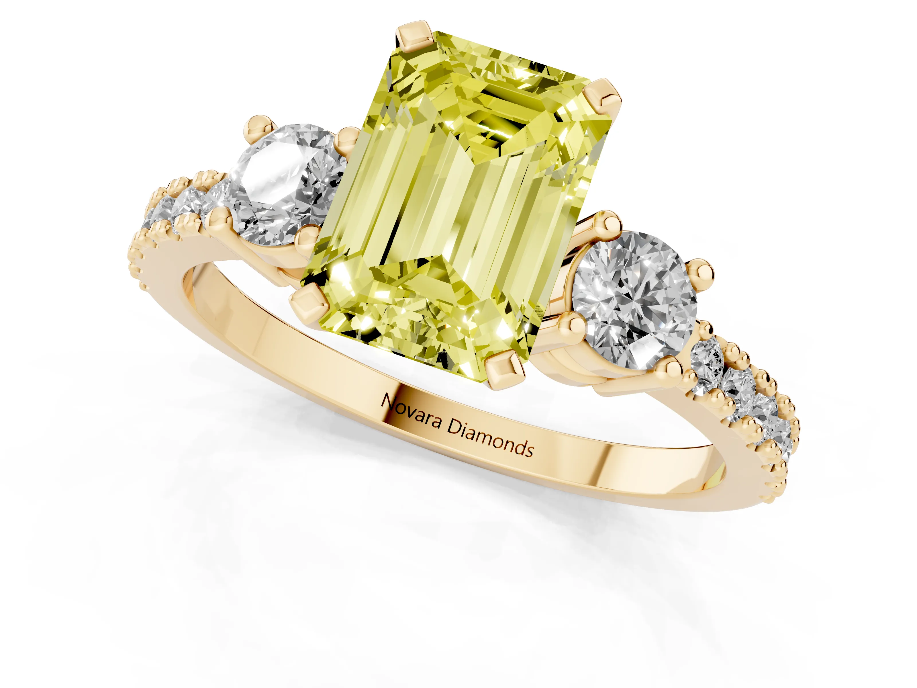 Fancy Yellow Three-Stone Emerald Cut Diamond Pavé Band Ring Set in Yellow gold with Prong Setting