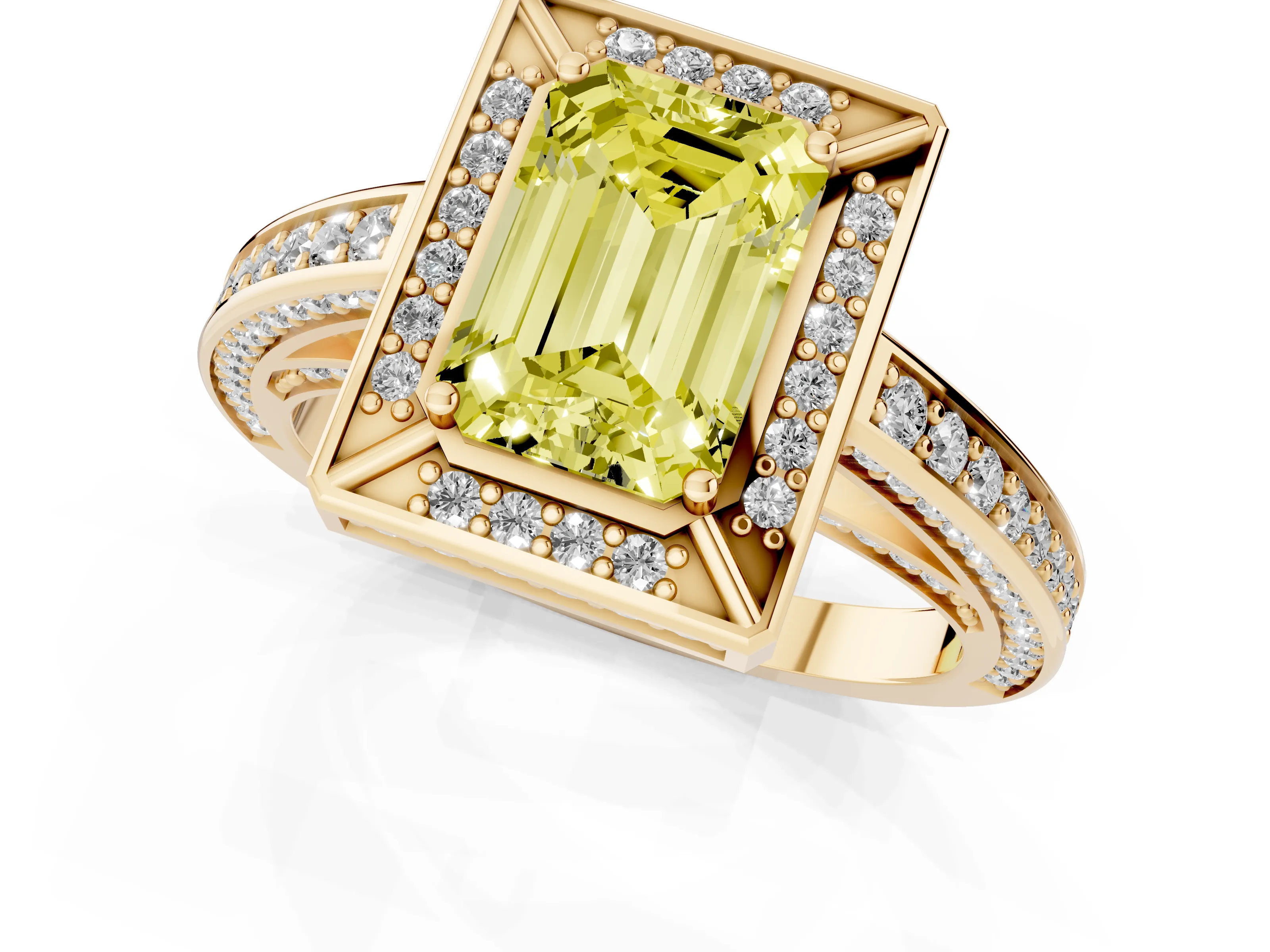 Fancy Yellow Emerald Cut Diamond Halo Pavé Split Shank Ring Set in Yellow gold with Prong Setting