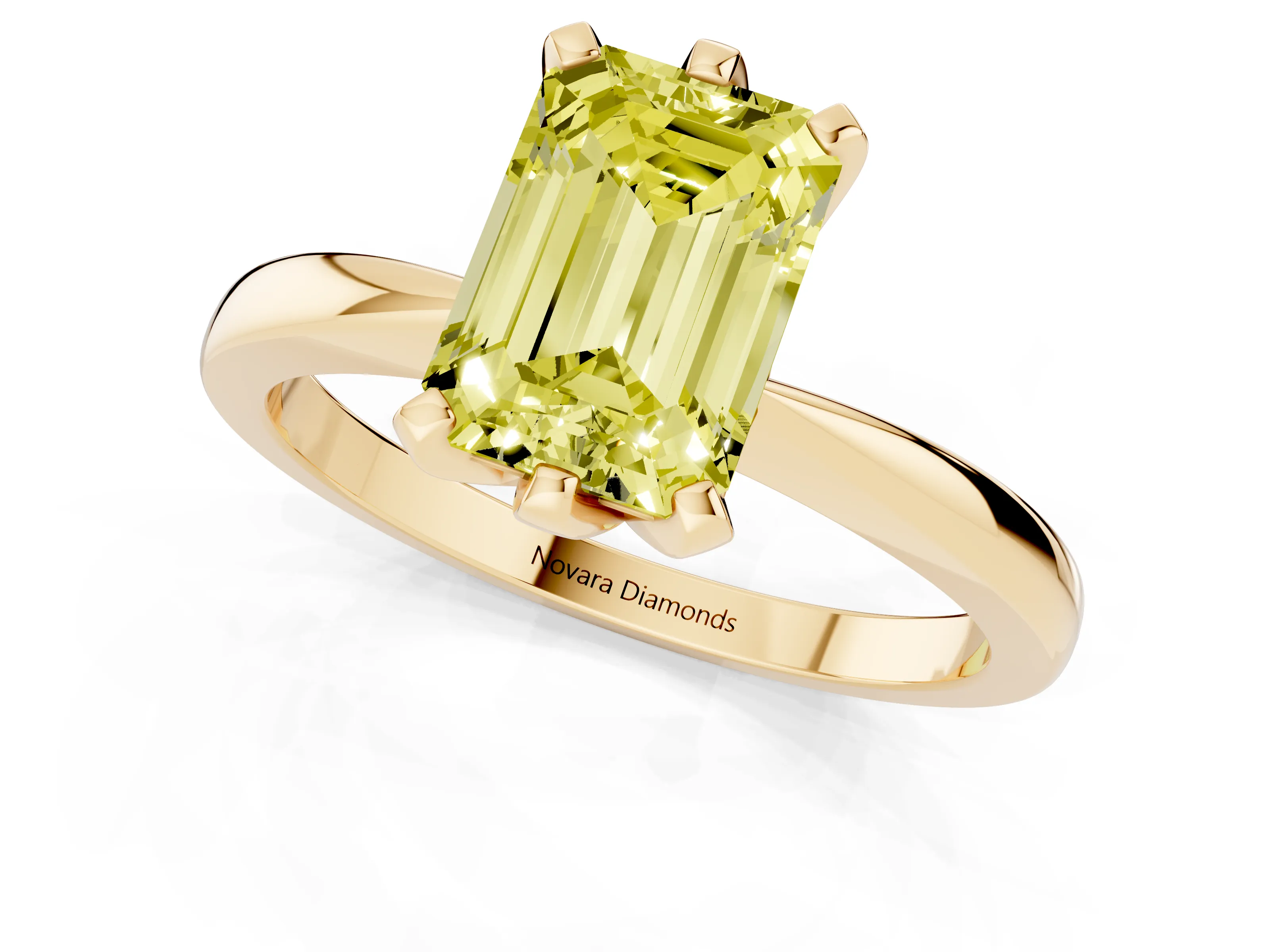 Fancy Yellow Emerald Cut Diamond Solitaire Engagement Ring Set in Yellow gold with Slim Tapered Solitaire Band