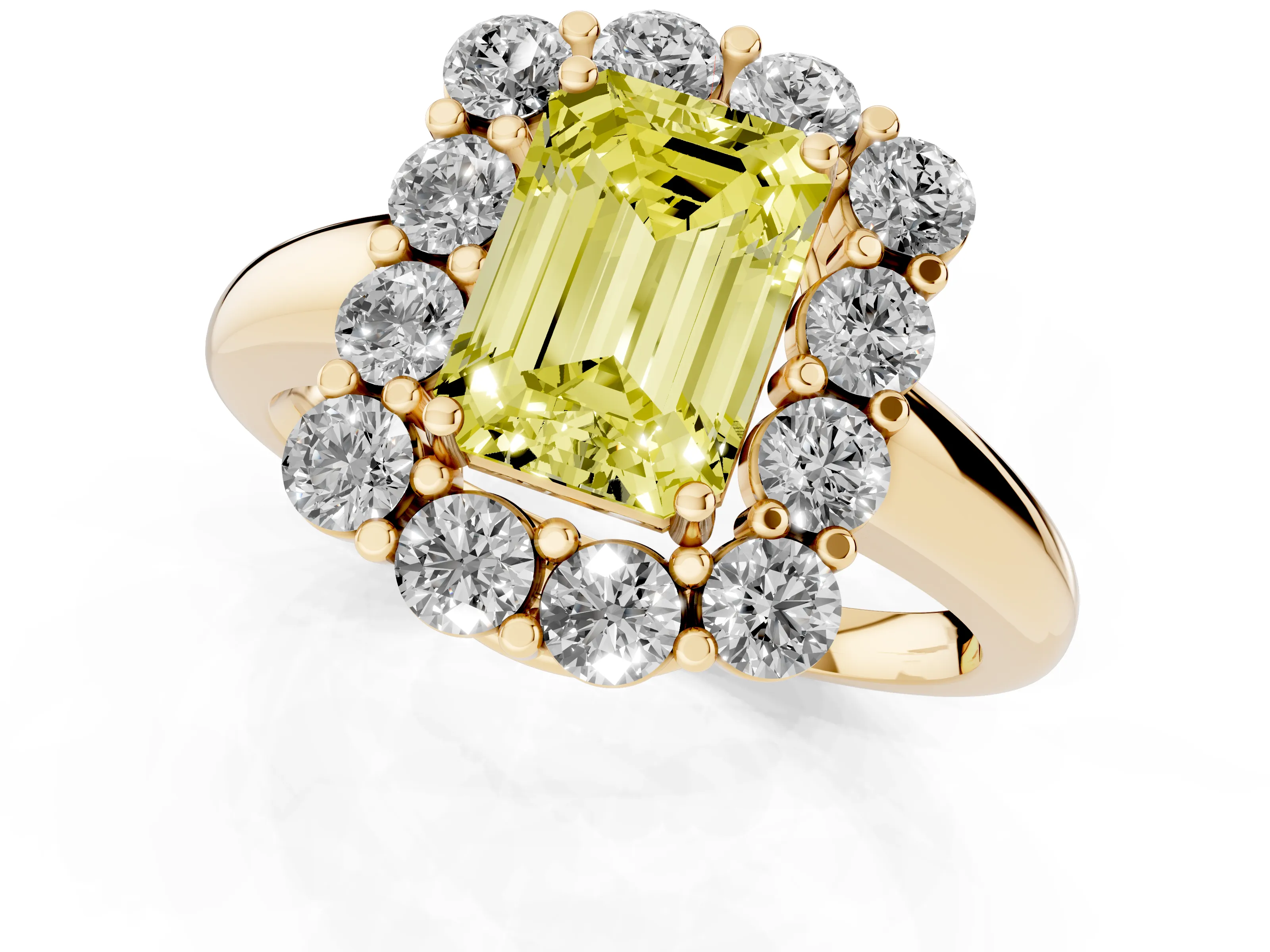Fancy Yellow Emerald Cut Diamond Halo Cluster Engagement Ring Set in Yellow gold with Polished Band and Prong Setting