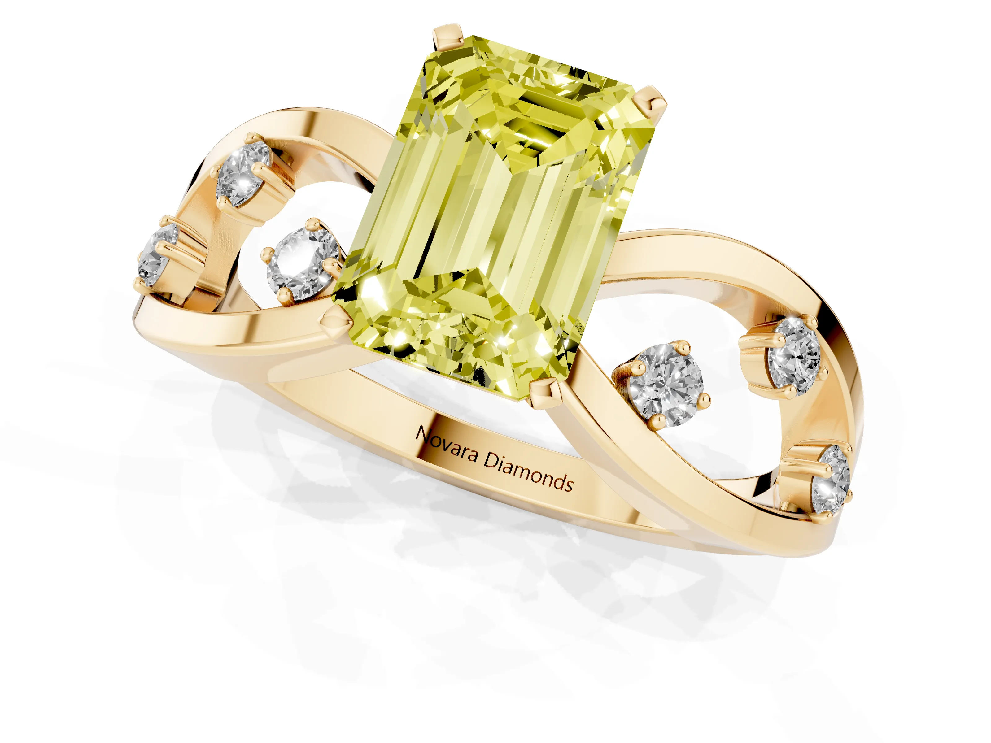 Fancy Yellow Emerald Cut Diamond Solitaire Ring Set in Yellow gold with Side Stones on Criss-Cross Band and Prong Setting