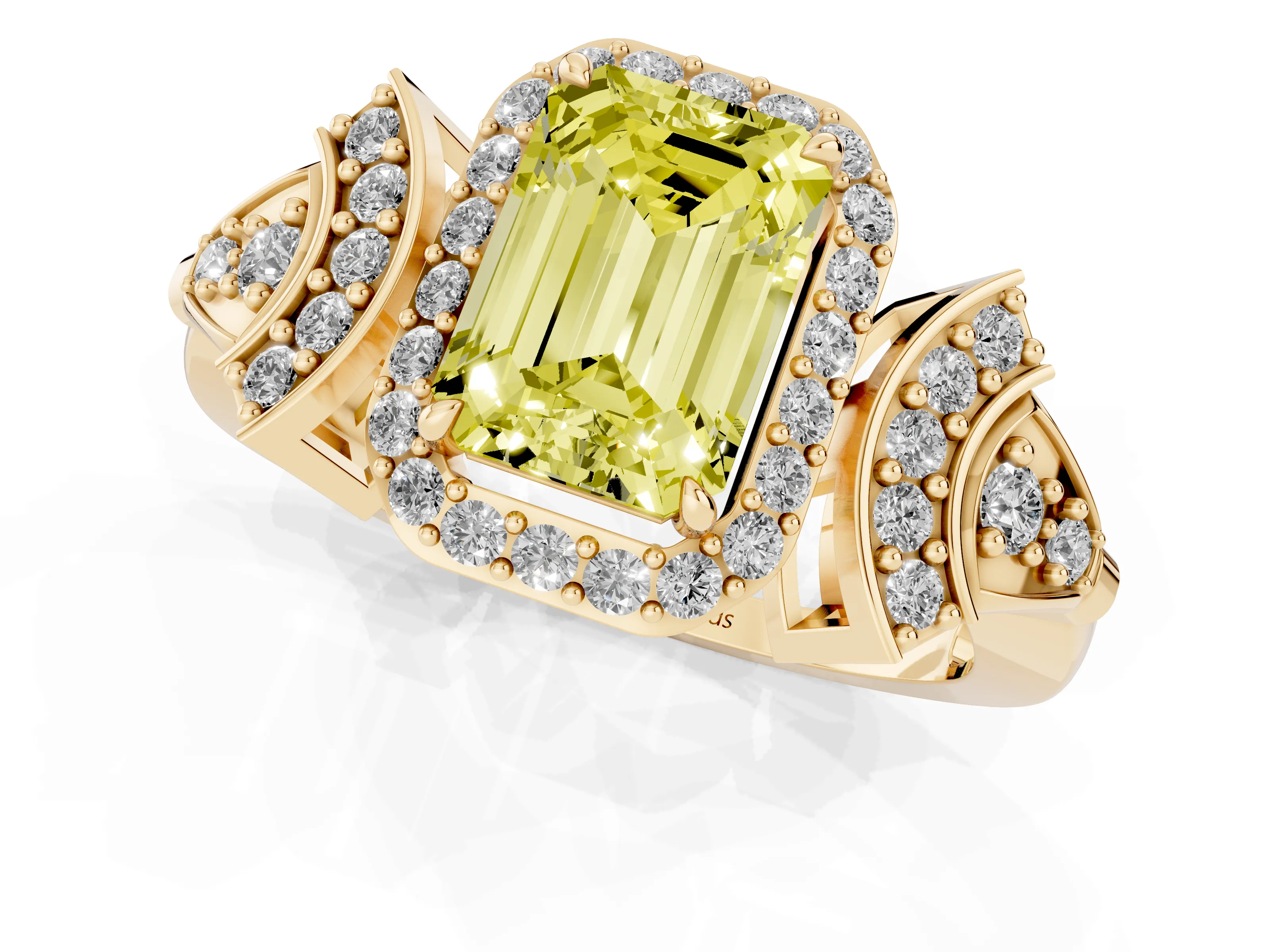 Fancy Yellow Emerald Cut Diamond Halo Engagement Ring Set in Yellow gold with Accent Stone Split Shank