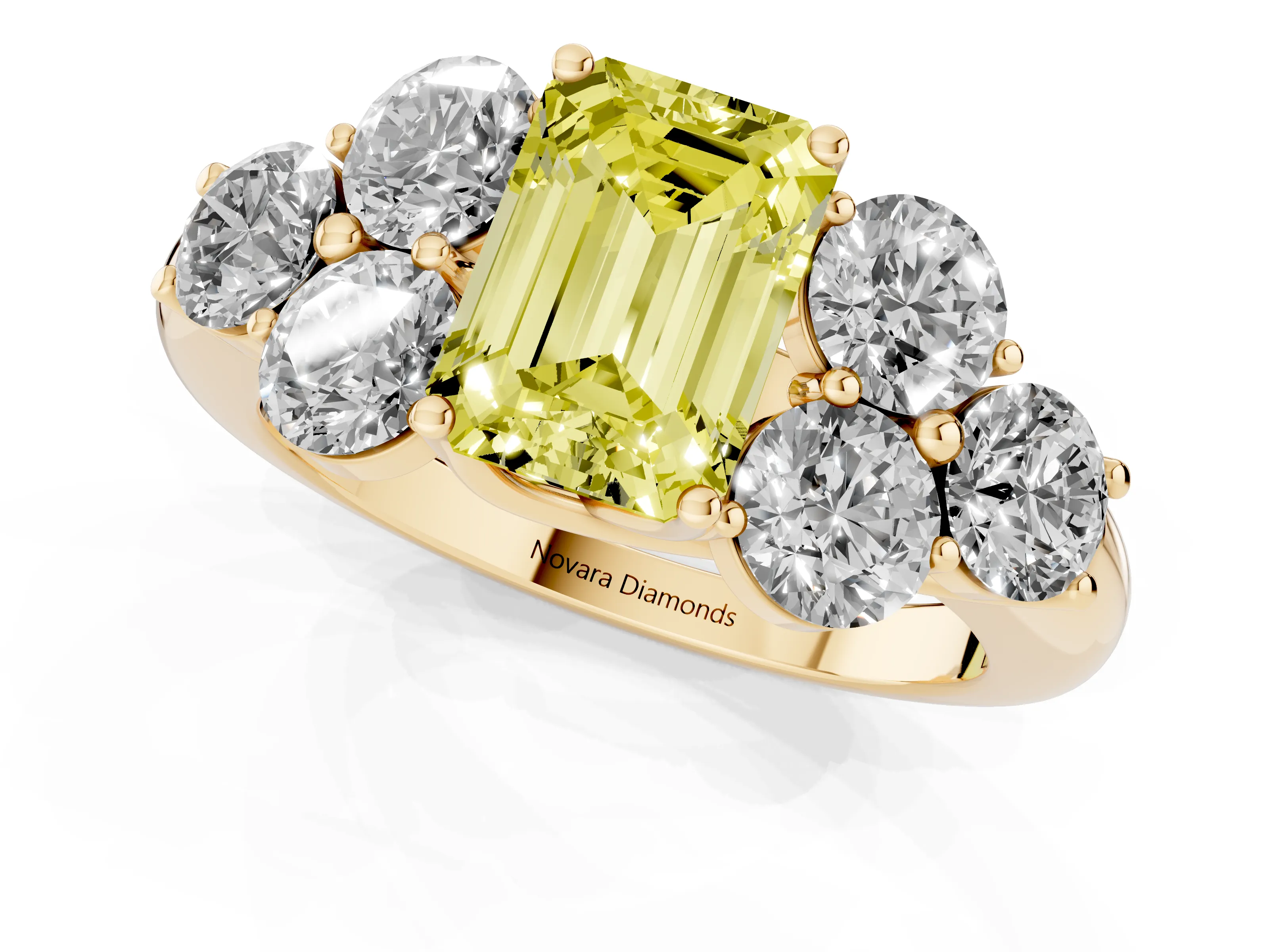Fancy Yellow Emerald Cut Diamond Cluster Ring Set in Yellow gold with Round Accent Stones and Prong Setting on a Plain Band
