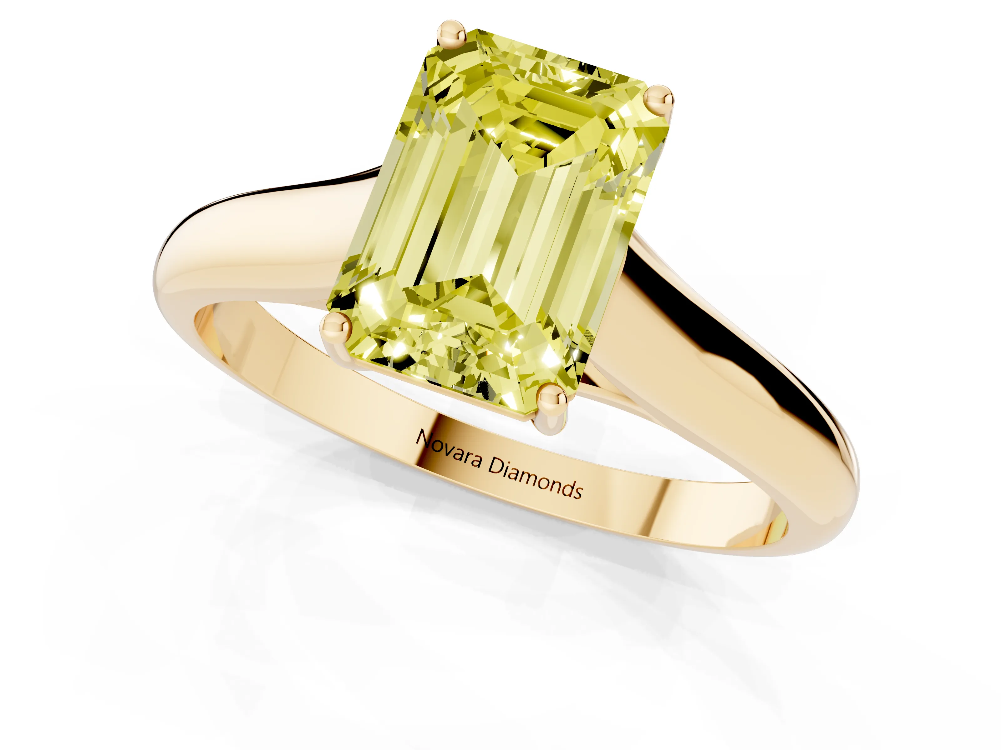 Fancy Yellow Emerald Cut Diamond Solitaire Engagement Ring Set in Yellow gold with Subtly Tapered Band and Prong Setting