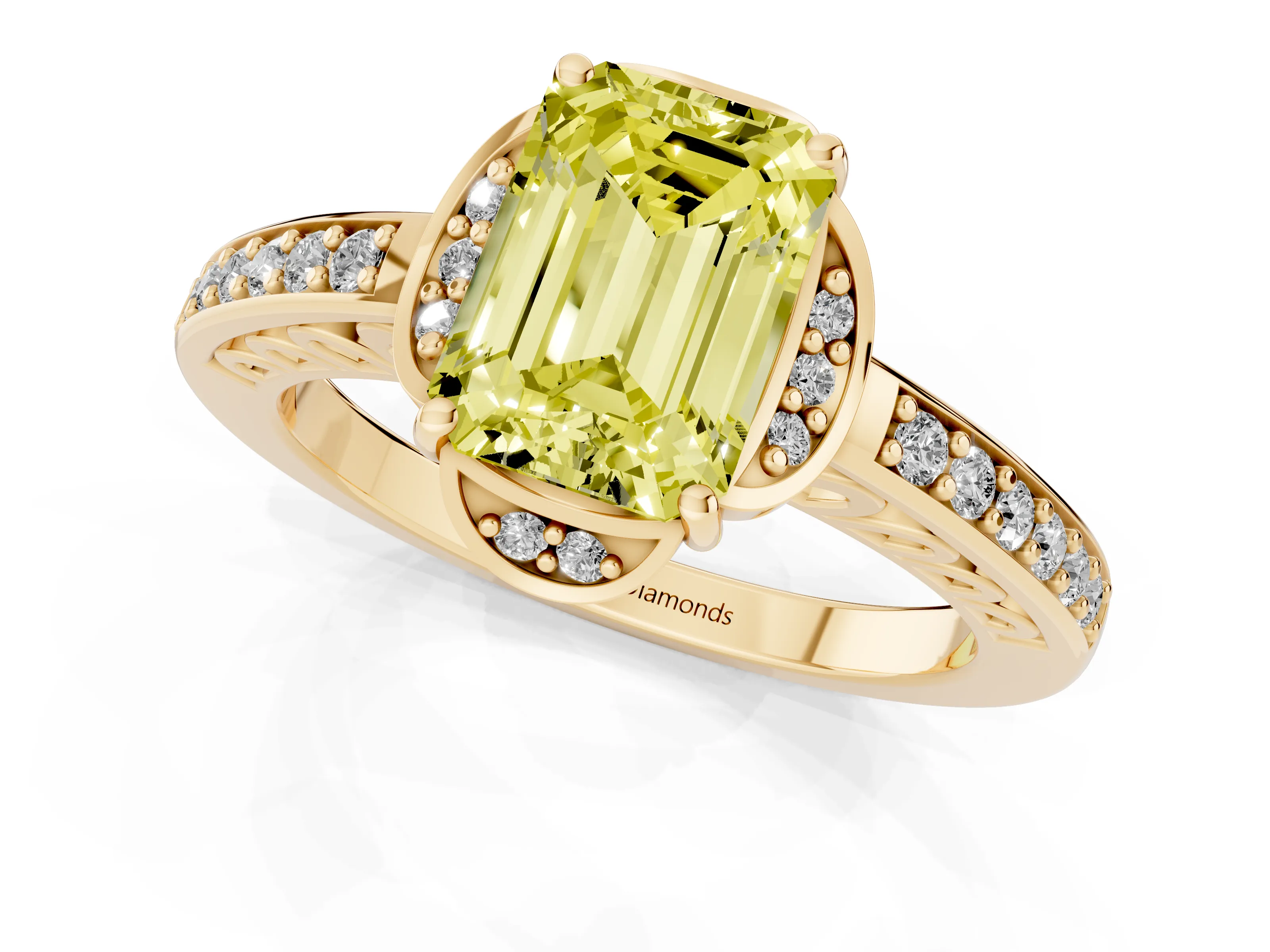 Fancy Yellow Emerald Cut Diamond Halo Ring Set in Yellow gold with Channel Set Band and Prong Setting