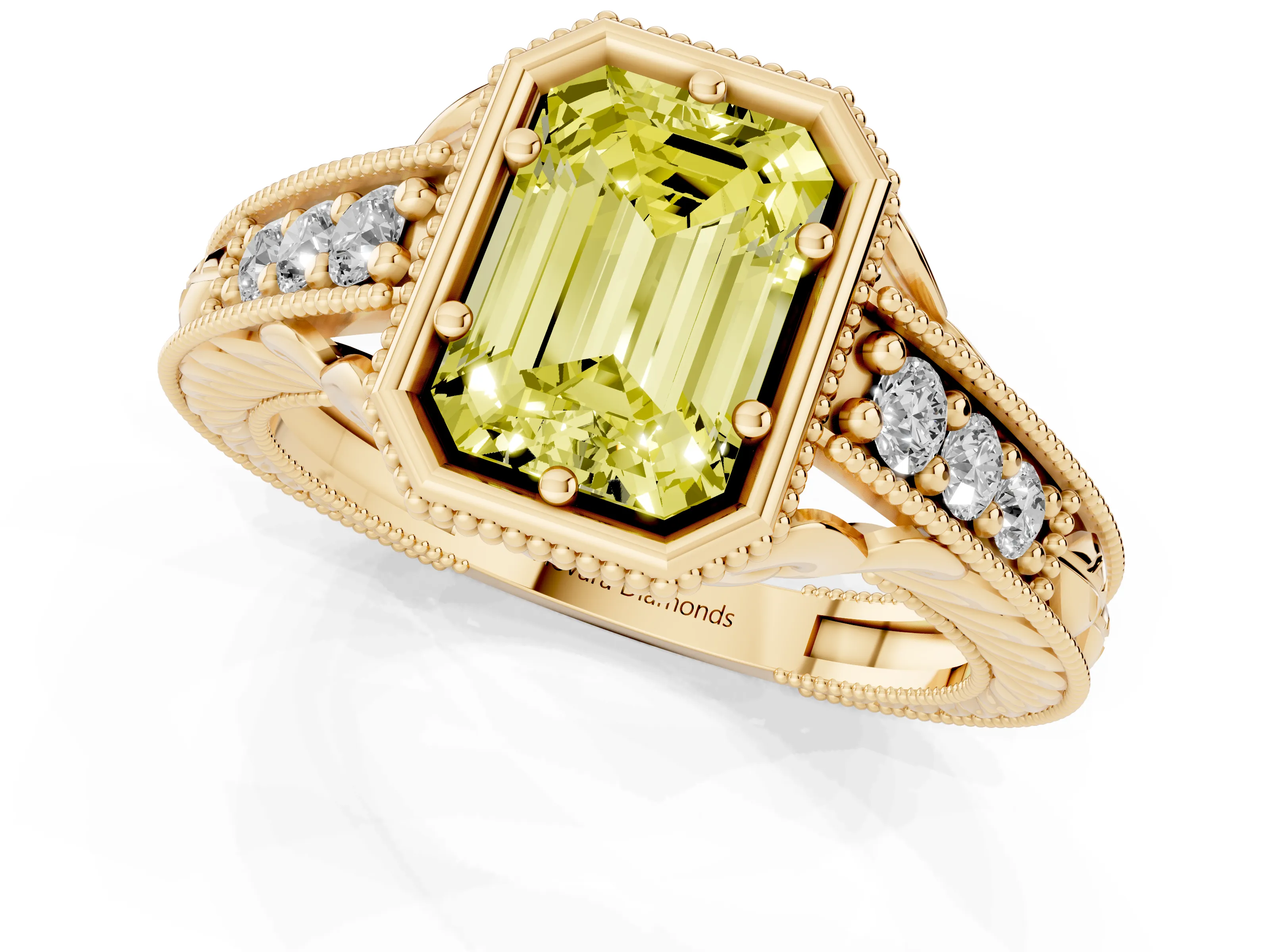 Fancy Yellow Bezel Set Emerald Cut Diamond Milgrain Pavé Engagement Ring Set in Yellow gold