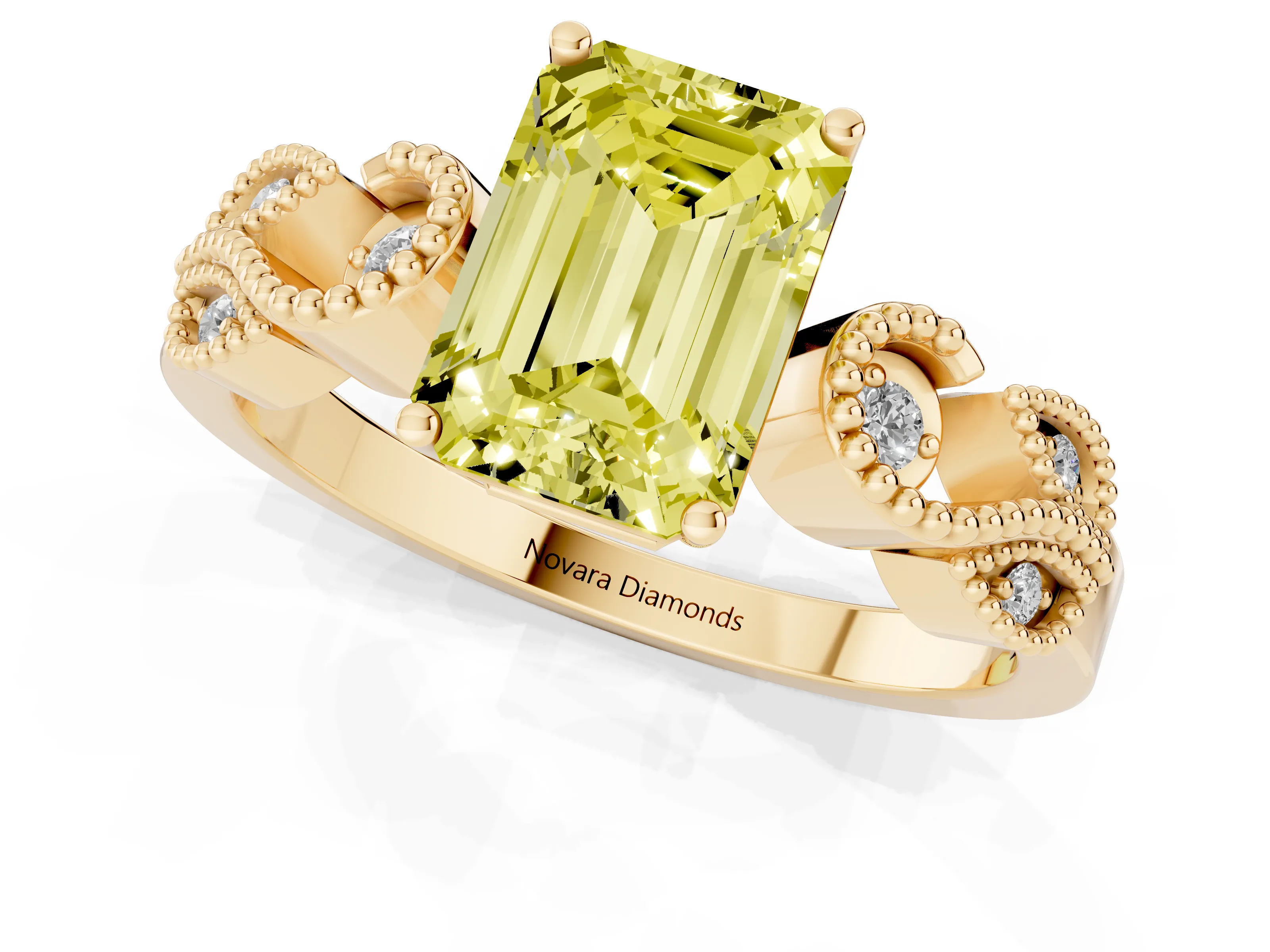 Fancy Yellow Emerald Cut Diamond Milgrain Leaf Band Solitaire Ring Set in Yellow gold with Accent Stones and Prong Setting