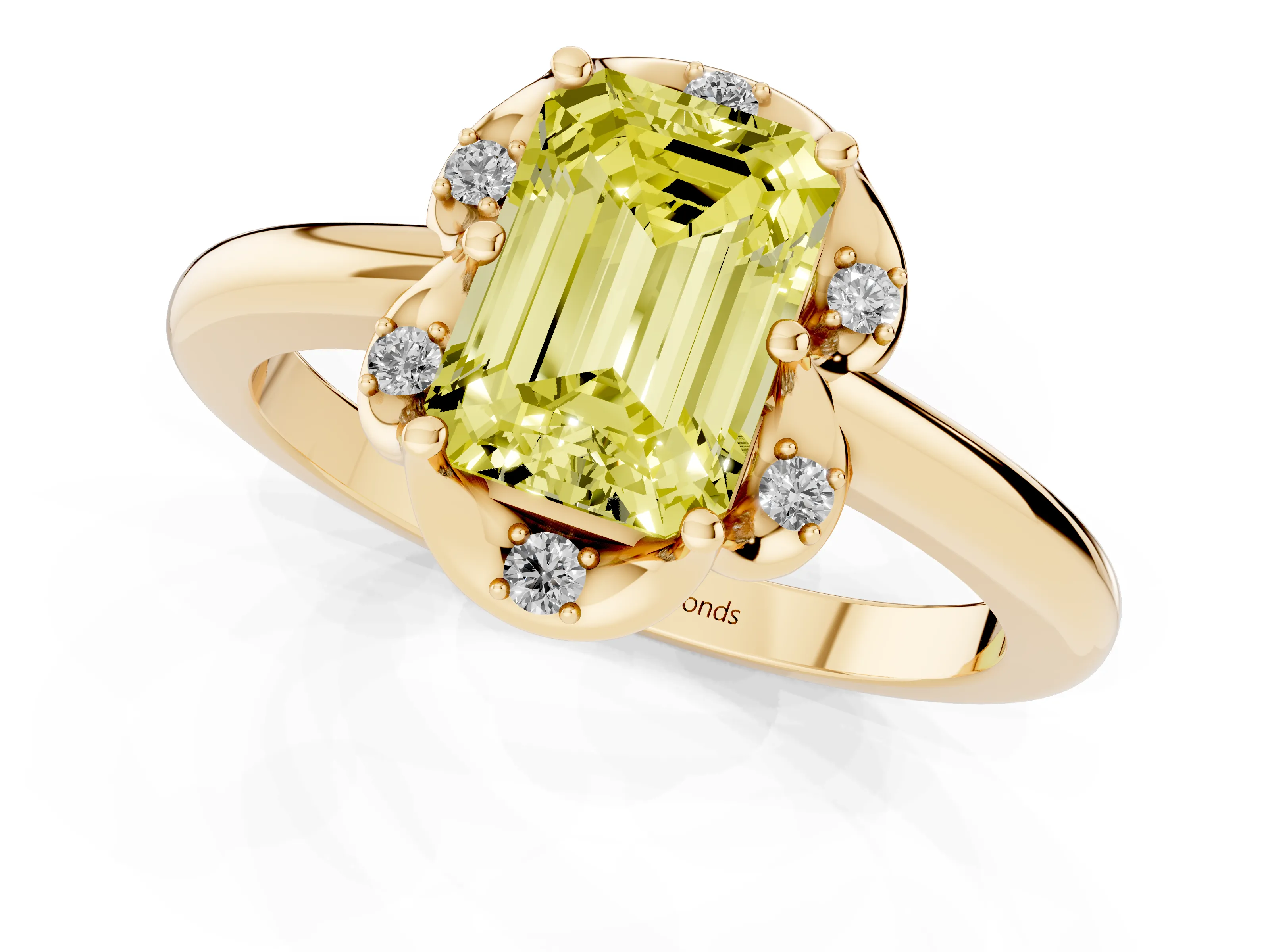 Fancy Yellow Emerald Cut Diamond Round Cluster Halo Ring Set in Yellow gold with Solitaire Band and Prong Setting
