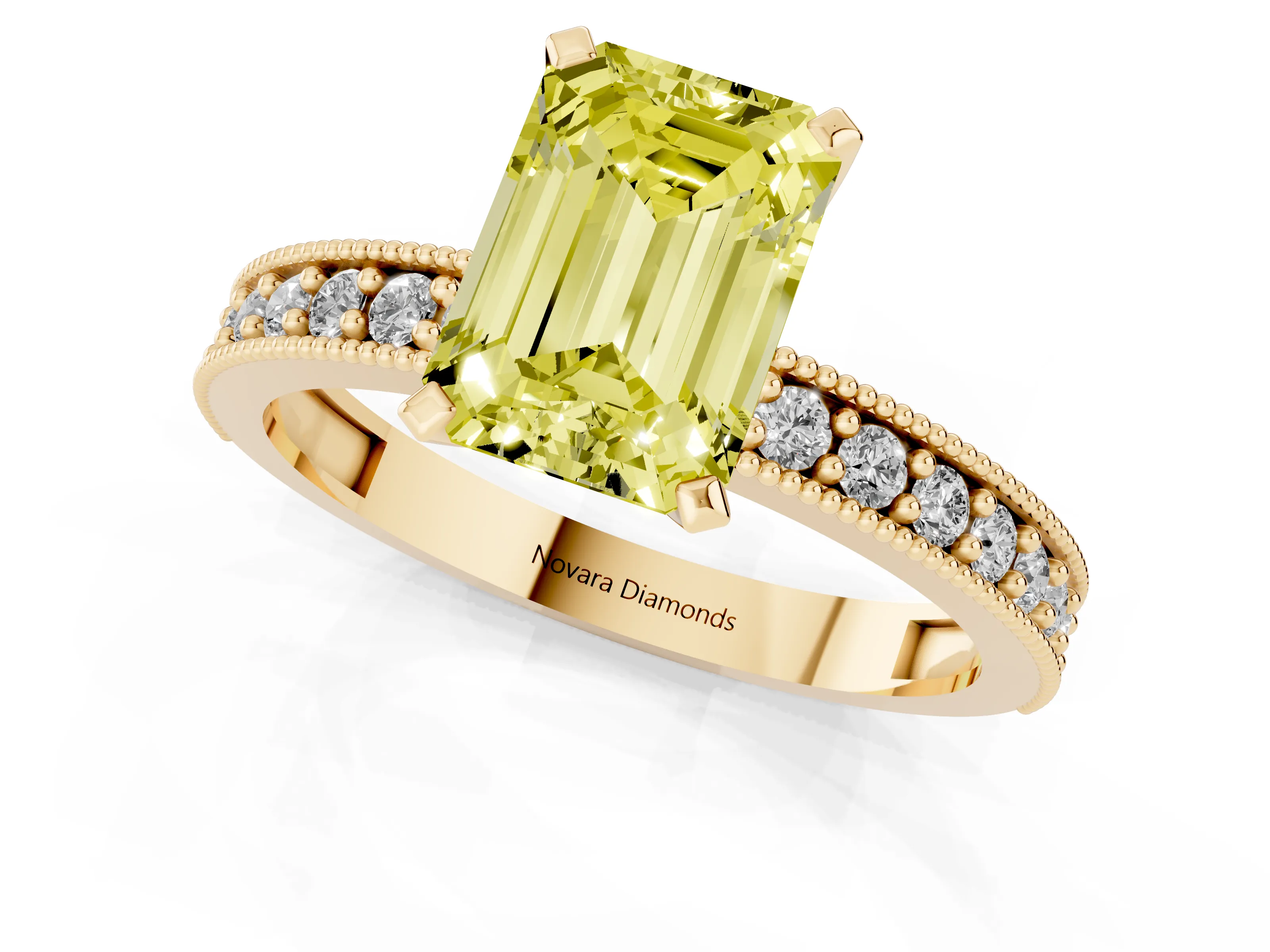 Fancy Yellow Emerald Cut Diamond Milgrain Pavé Engagement Ring Set in Yellow gold with Prong Setting