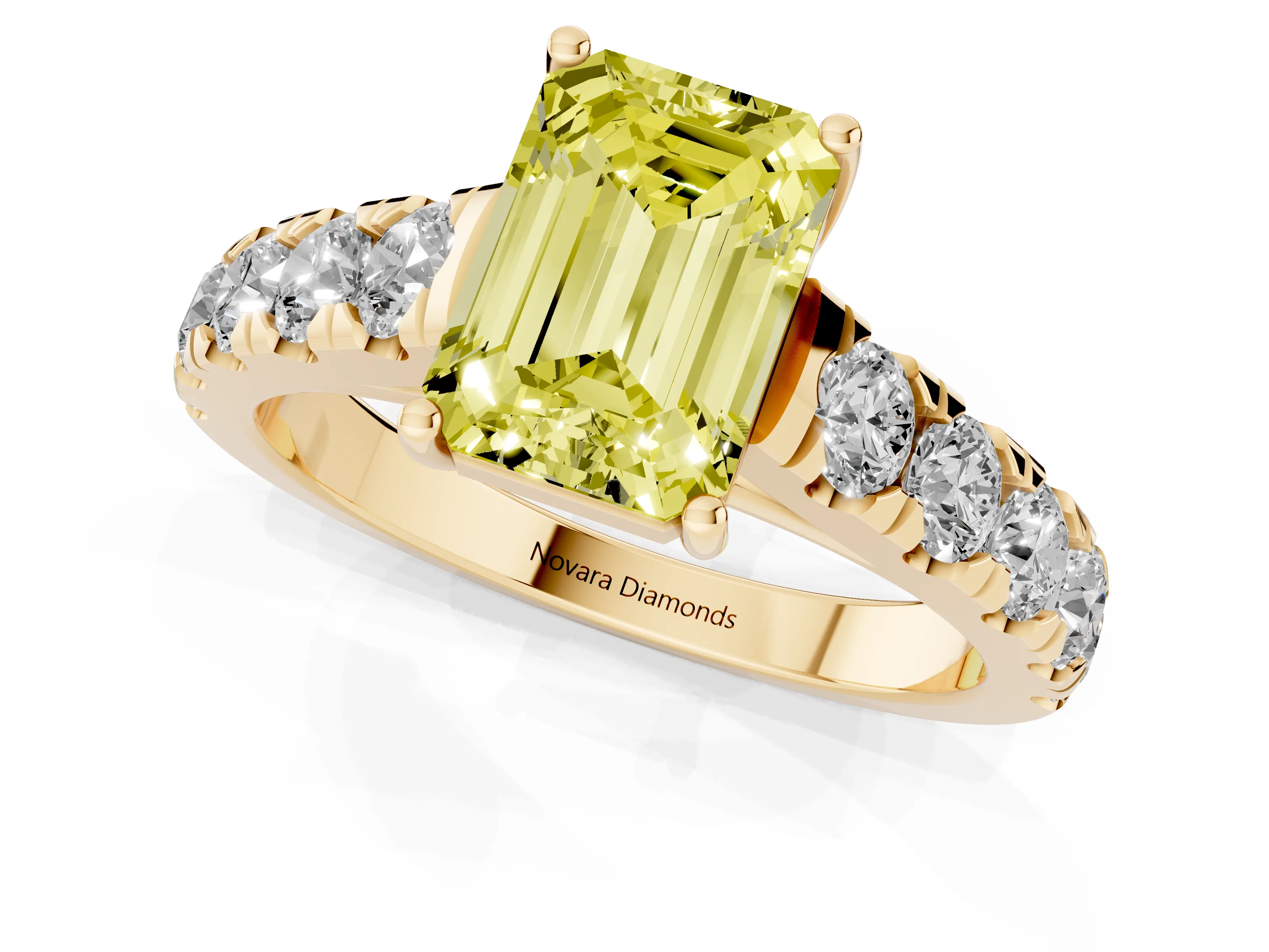 Fancy Yellow Emerald Cut Diamond Solitaire Ring Set in Yellow gold with Cut-Down Micro Pavé Band and Prong Setting