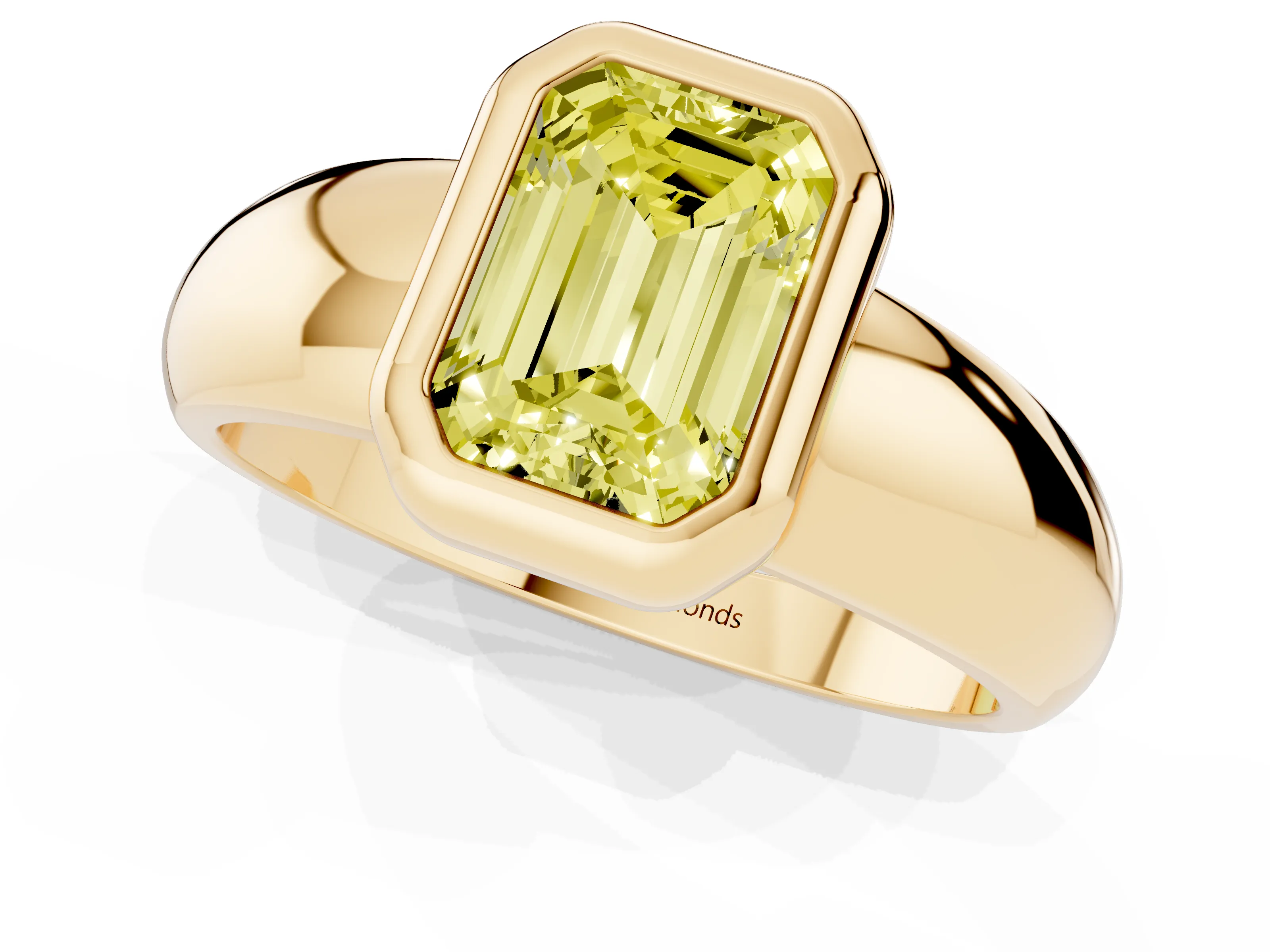 Fancy Yellow Bezel Set Emerald Cut Diamond Solitaire Ring Set in Yellow gold with Wide Band
