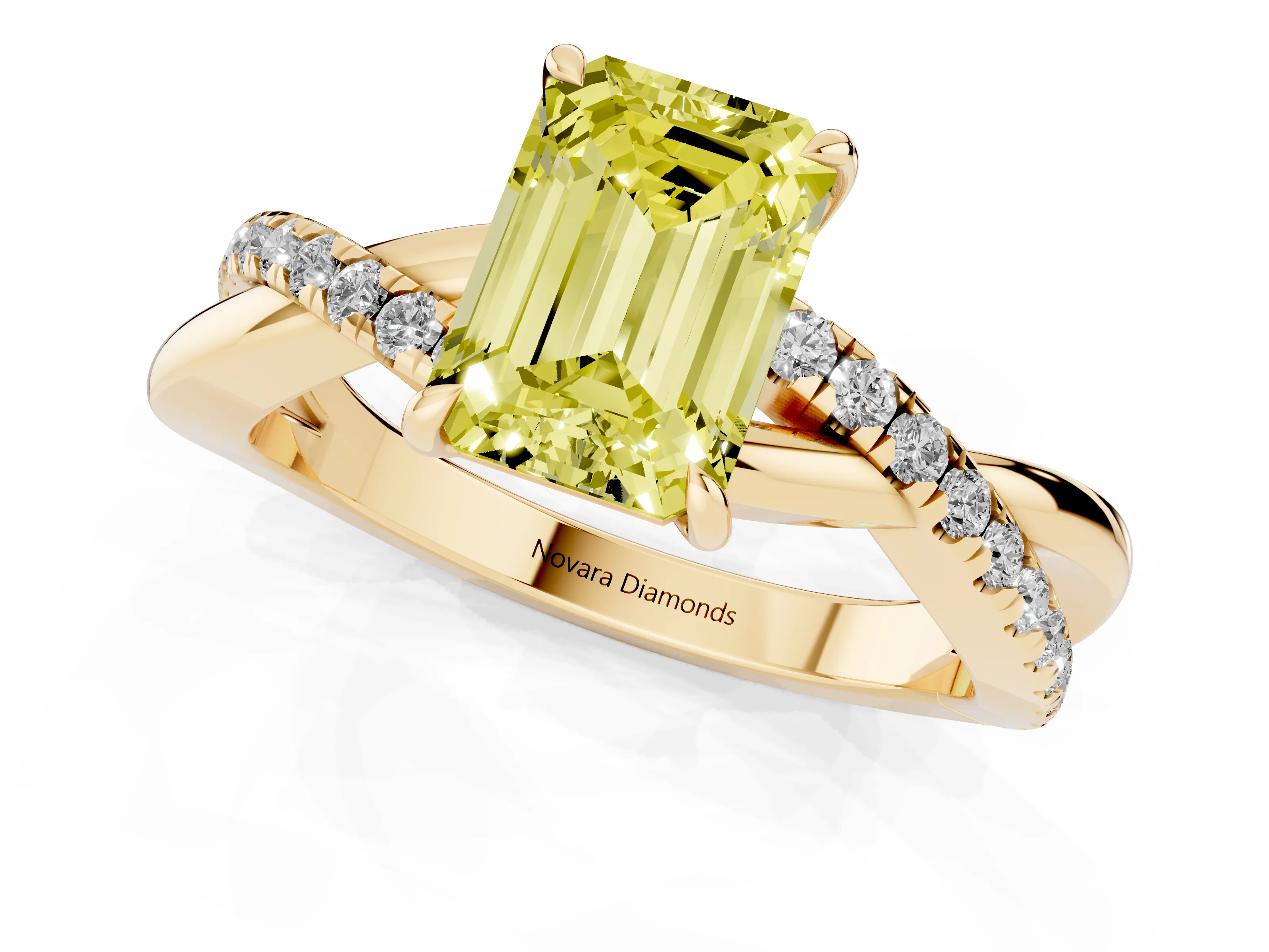 Fancy Yellow Emerald Cut Diamond Twisted Pavé Band Ring Set in Yellow gold with Prong Setting