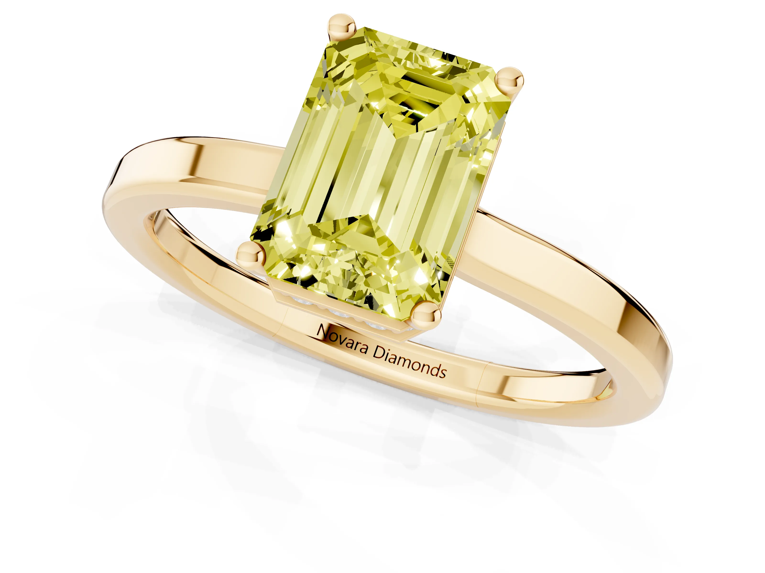 Fancy Yellow Emerald Cut Diamond Solitaire Engagement Ring Set in Yellow gold with Prong Setting on a Plain Band