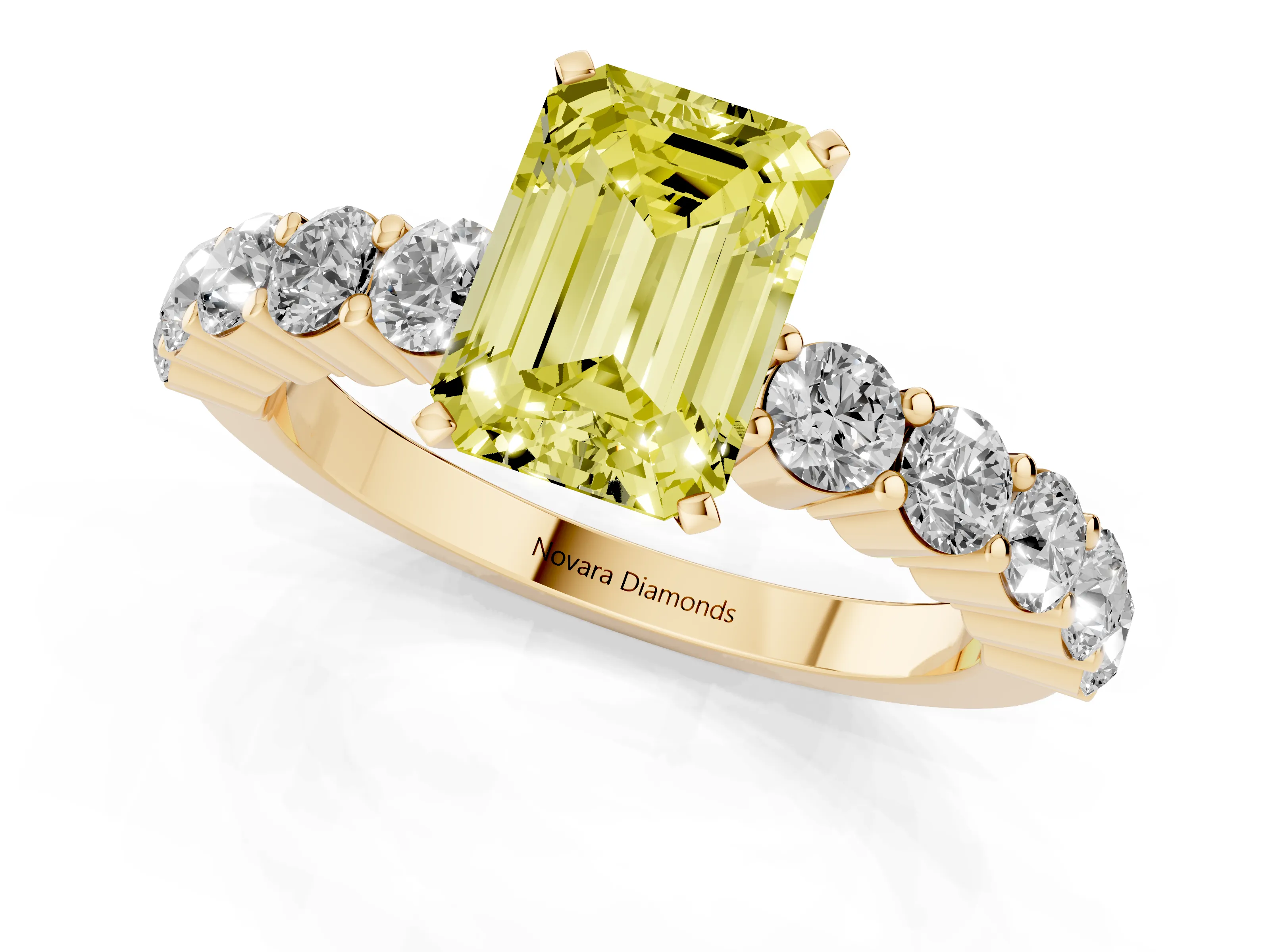 Fancy Yellow Emerald Cut Diamond Solitaire Ring Set in Yellow gold with Shared Prong Round Side Stones