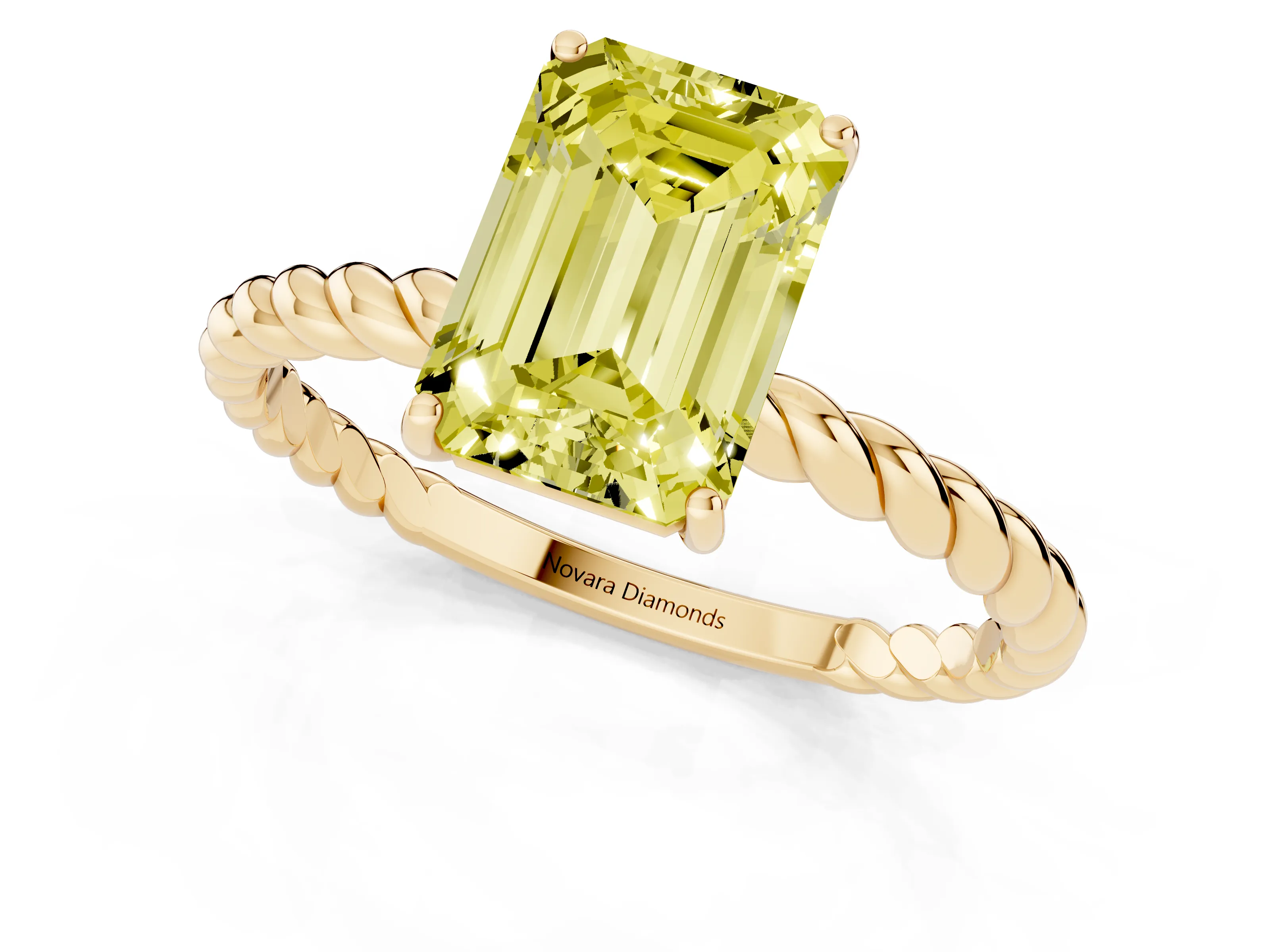 Fancy Yellow Emerald Cut Diamond Solitaire Ring Set in Yellow gold with Twist Band and Prong Setting