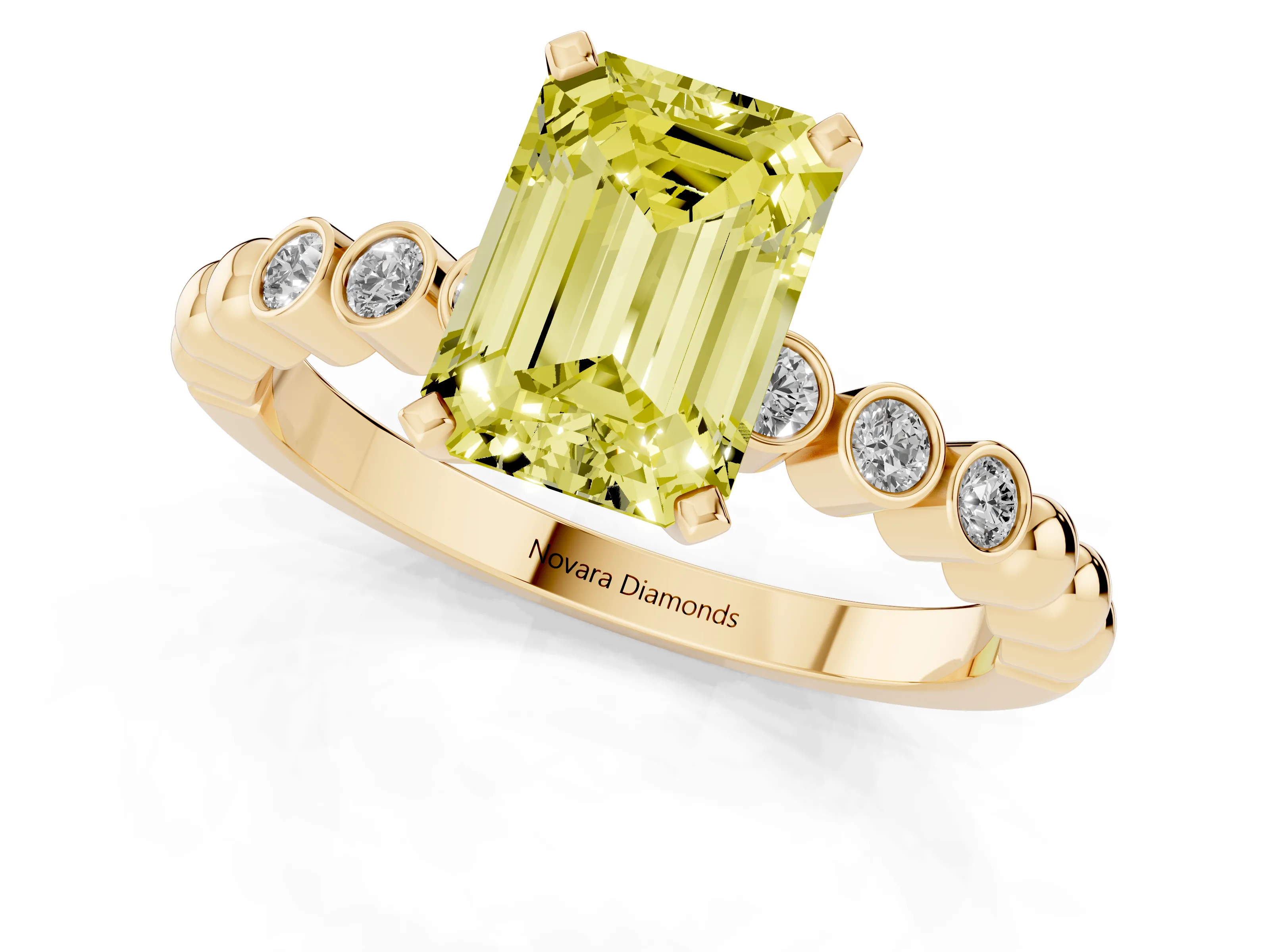Fancy Yellow Emerald Cut Diamond Solitaire Engagement Ring Set in Yellow gold with Bezel Accents on Beaded Band – second view