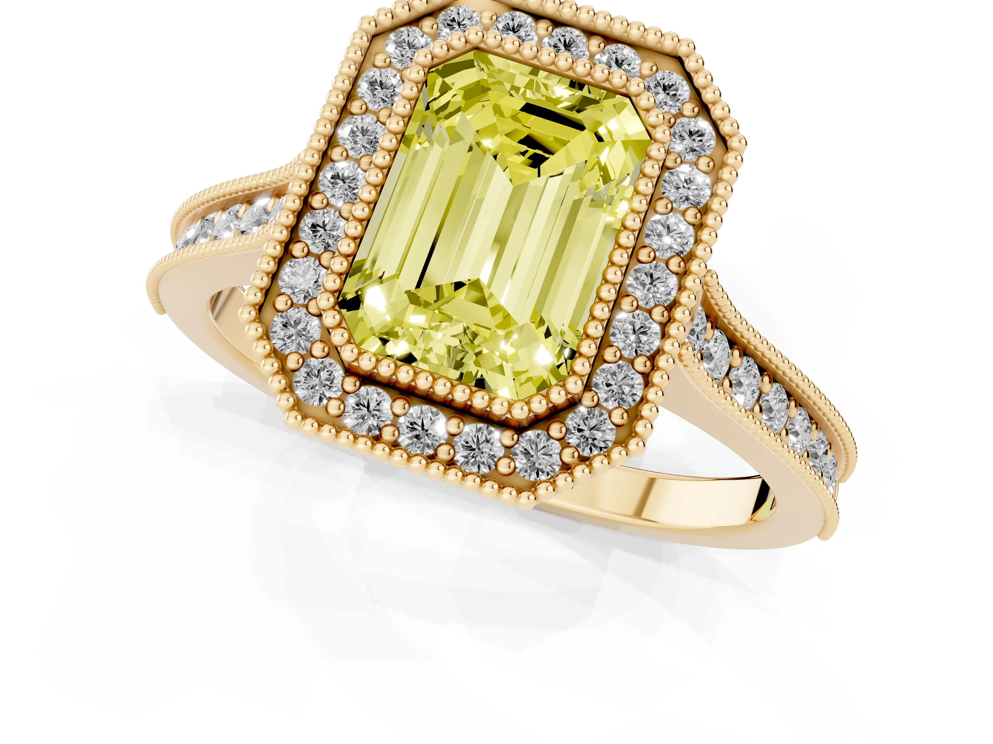 Fancy Yellow Emerald Cut Diamond Halo Milgrain Pavé Band Ring Set in Yellow gold with Prong Setting
