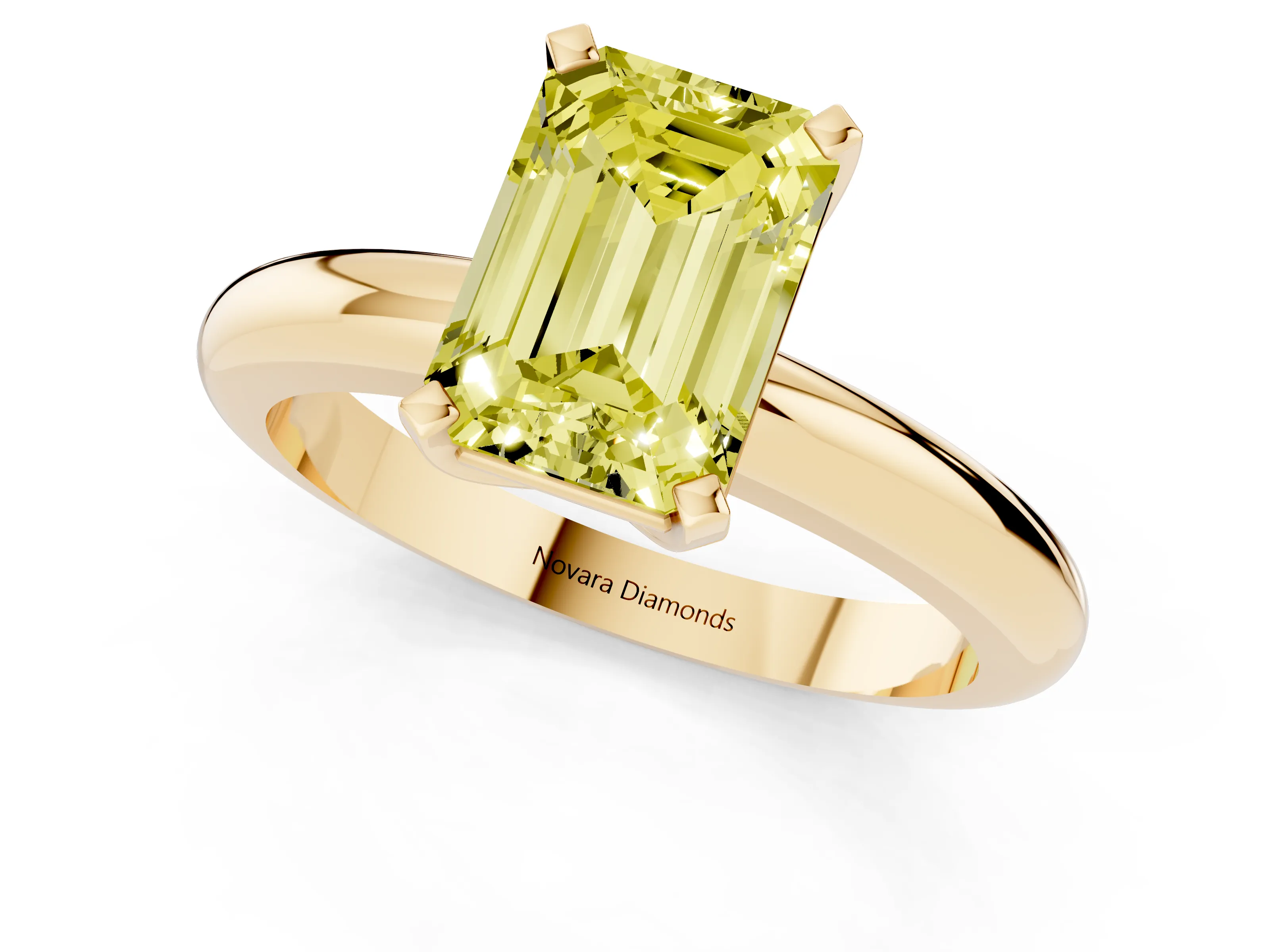 Fancy Yellow Emerald Cut Diamond Solitaire Engagement Ring Set in Yellow gold with Round Band and Prong Setting