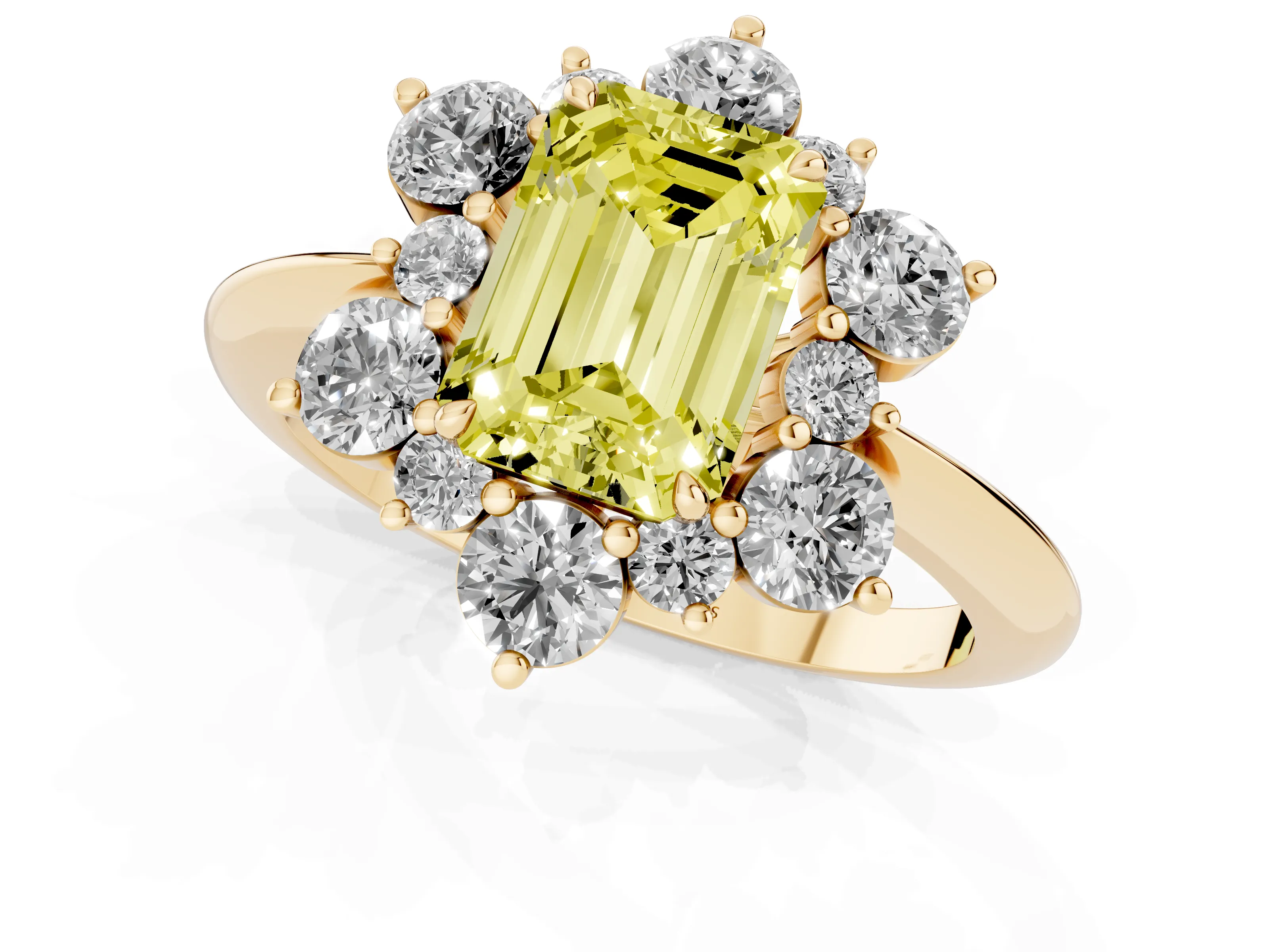 Fancy Yellow Emerald Cut Diamond Cluster Halo Ring Set in Yellow gold with Solitaire Band and Prong Setting