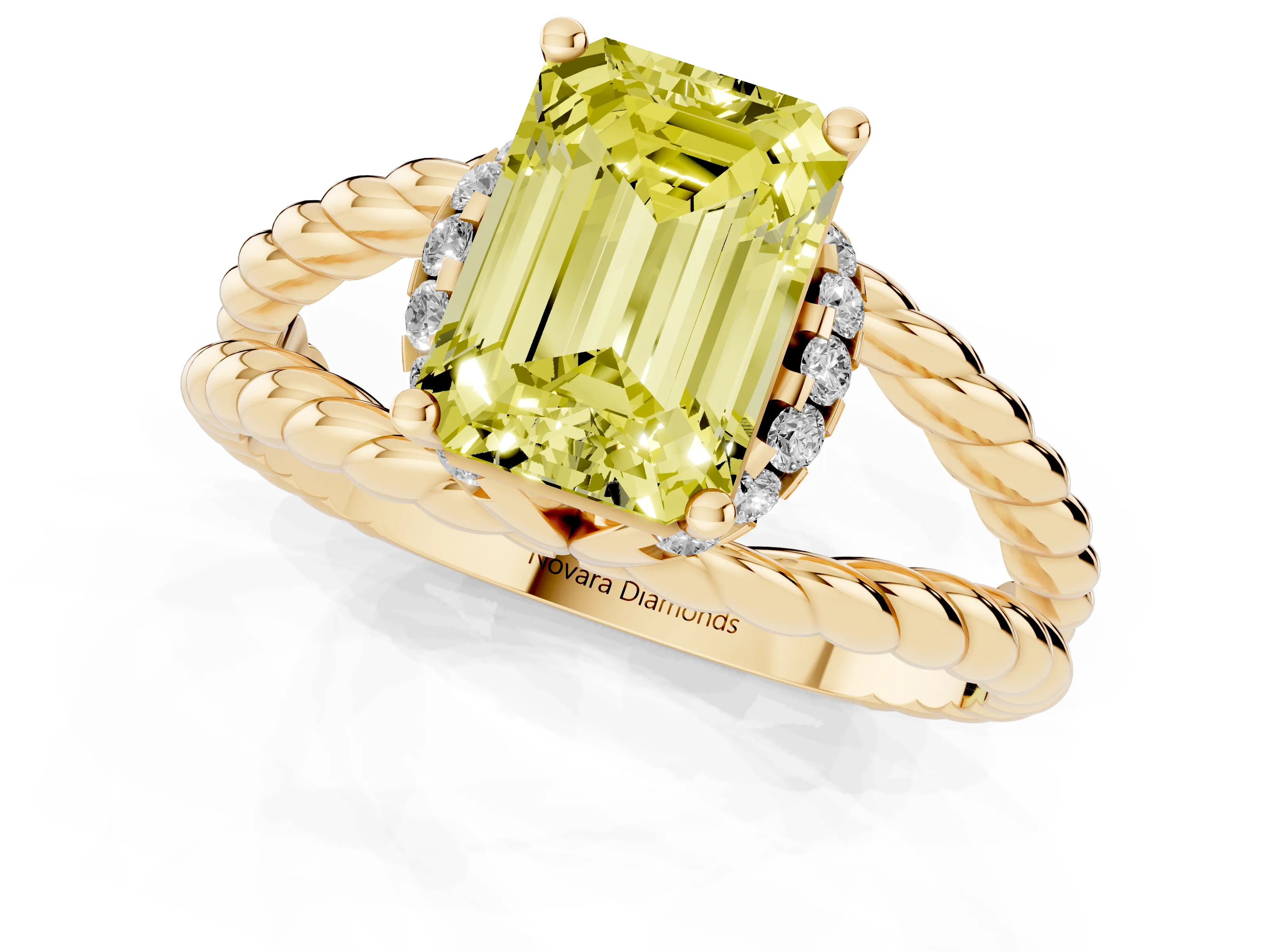 Fancy Yellow Emerald Cut Diamond Halo Ring Set in Yellow gold with Twisted Band and Prong Setting