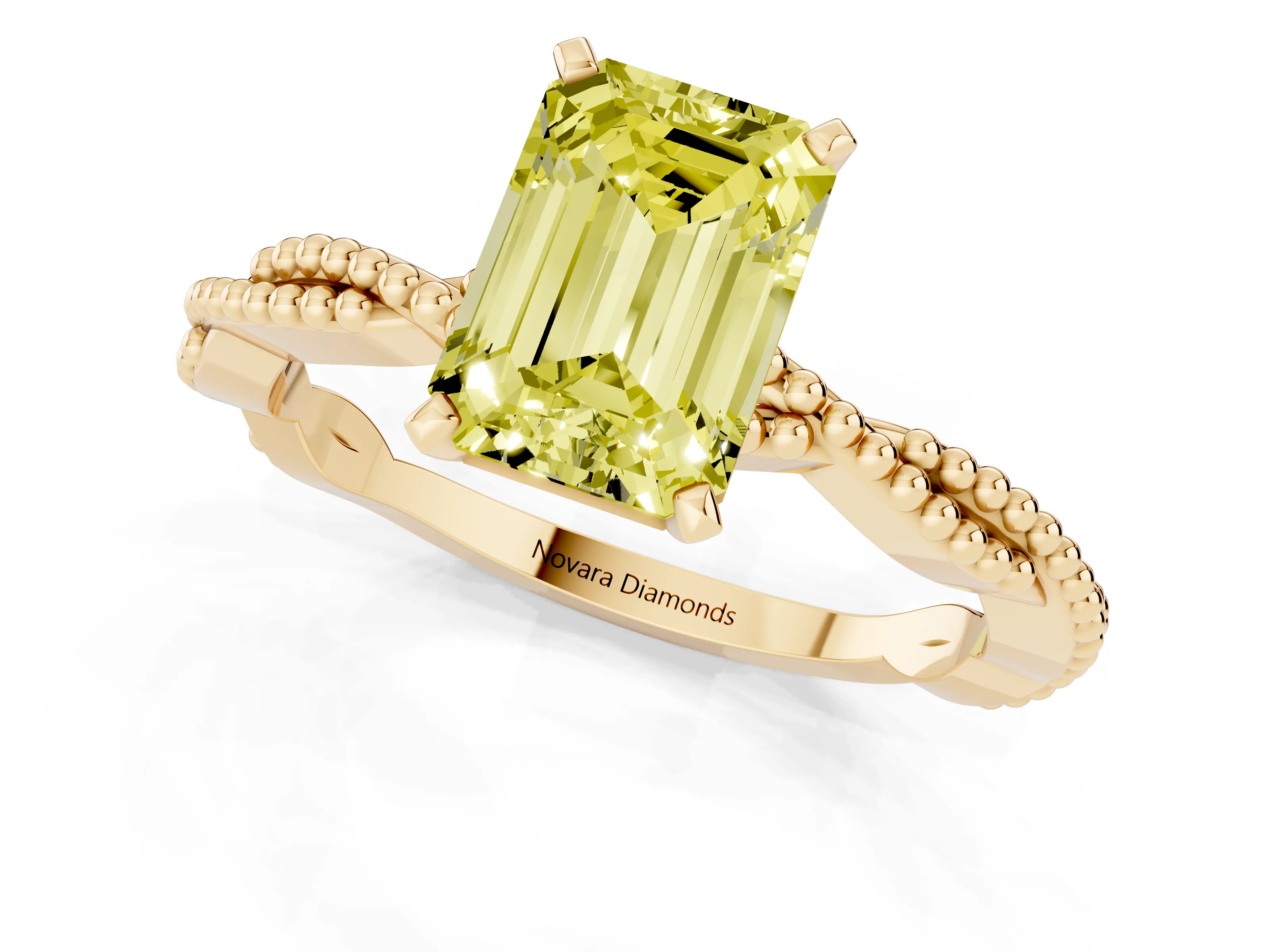 Fancy Yellow Emerald Cut Diamond Solitaire Ring Set in Yellow gold with Twisted Band and Bead Prong Setting