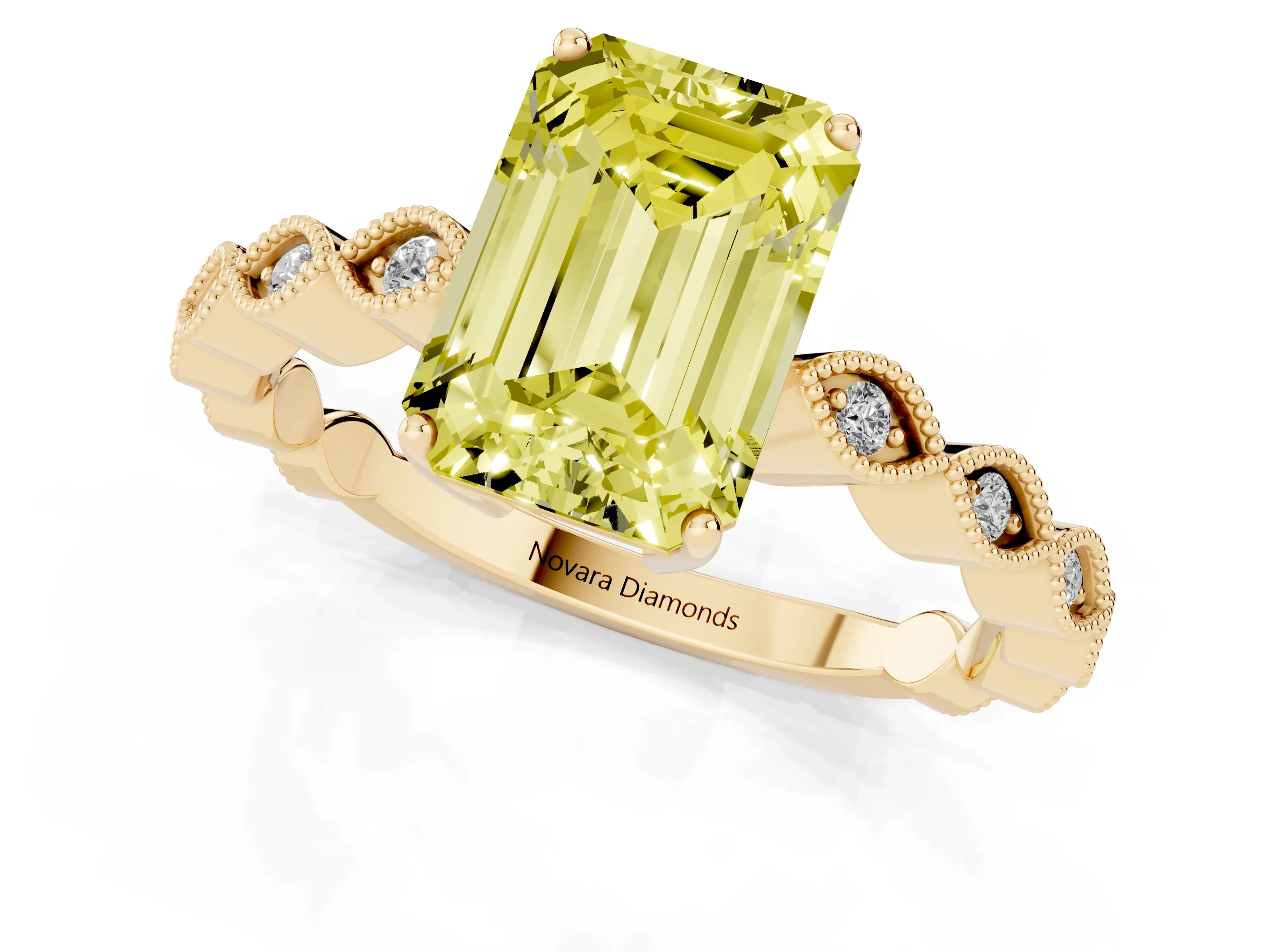 Fancy Yellow Emerald Cut Diamond Solitaire Ring Set in Yellow gold with Infinity Twist Pavé Band
