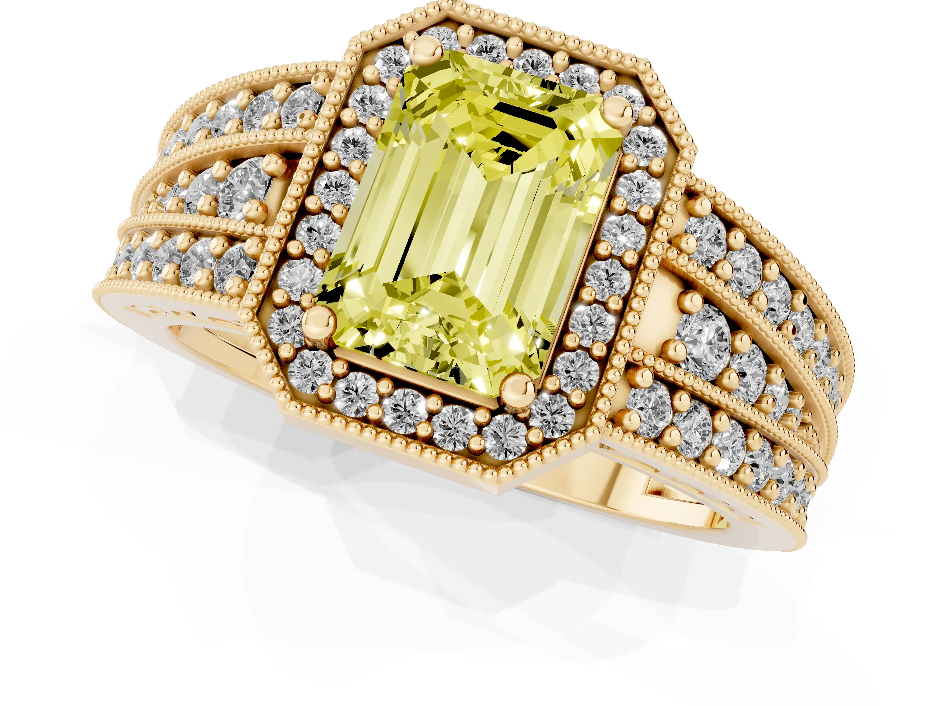 Fancy Yellow Emerald Cut Diamond Halo Ring Set in Yellow gold with Accent Split Shank and Prong Setting
