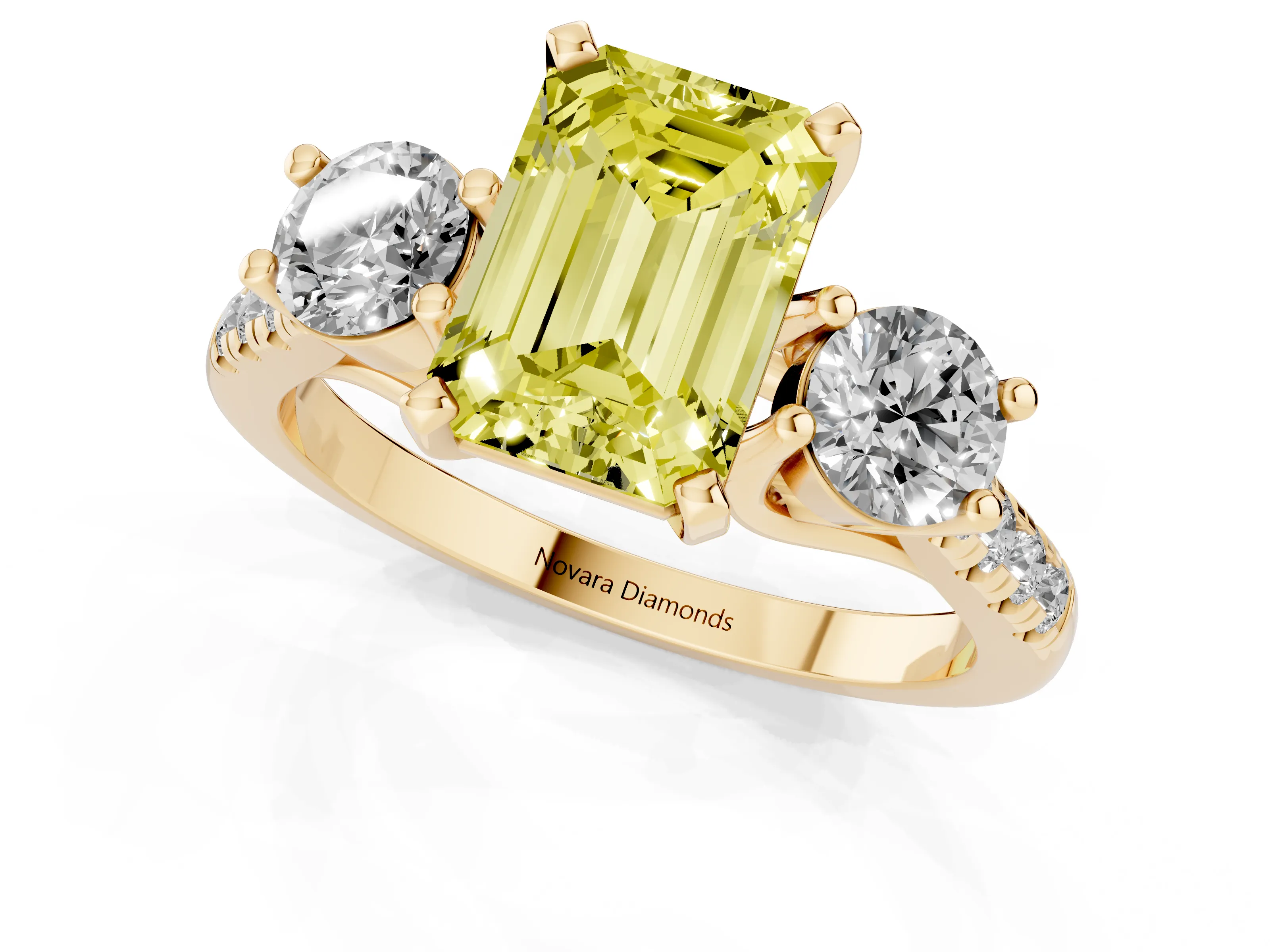 Fancy Yellow Three-Stone Emerald Cut Diamond Pavé Band Ring Set in Yellow gold with Prong-Set Trio