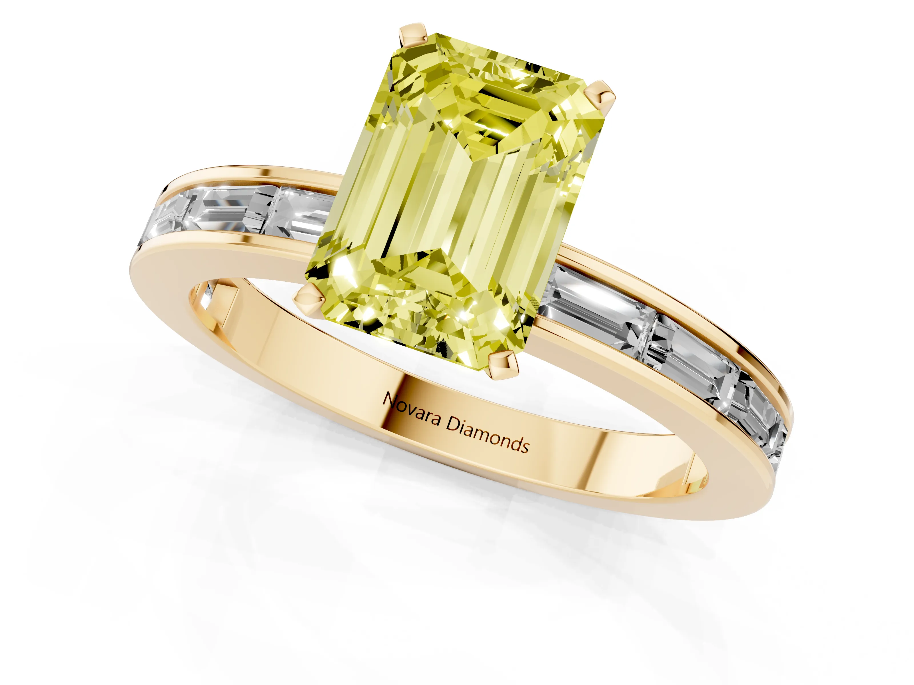 Fancy Yellow Emerald Cut Diamond Solitaire Ring Set in Yellow gold with Channel-Set Baguette Band and Prong Setting