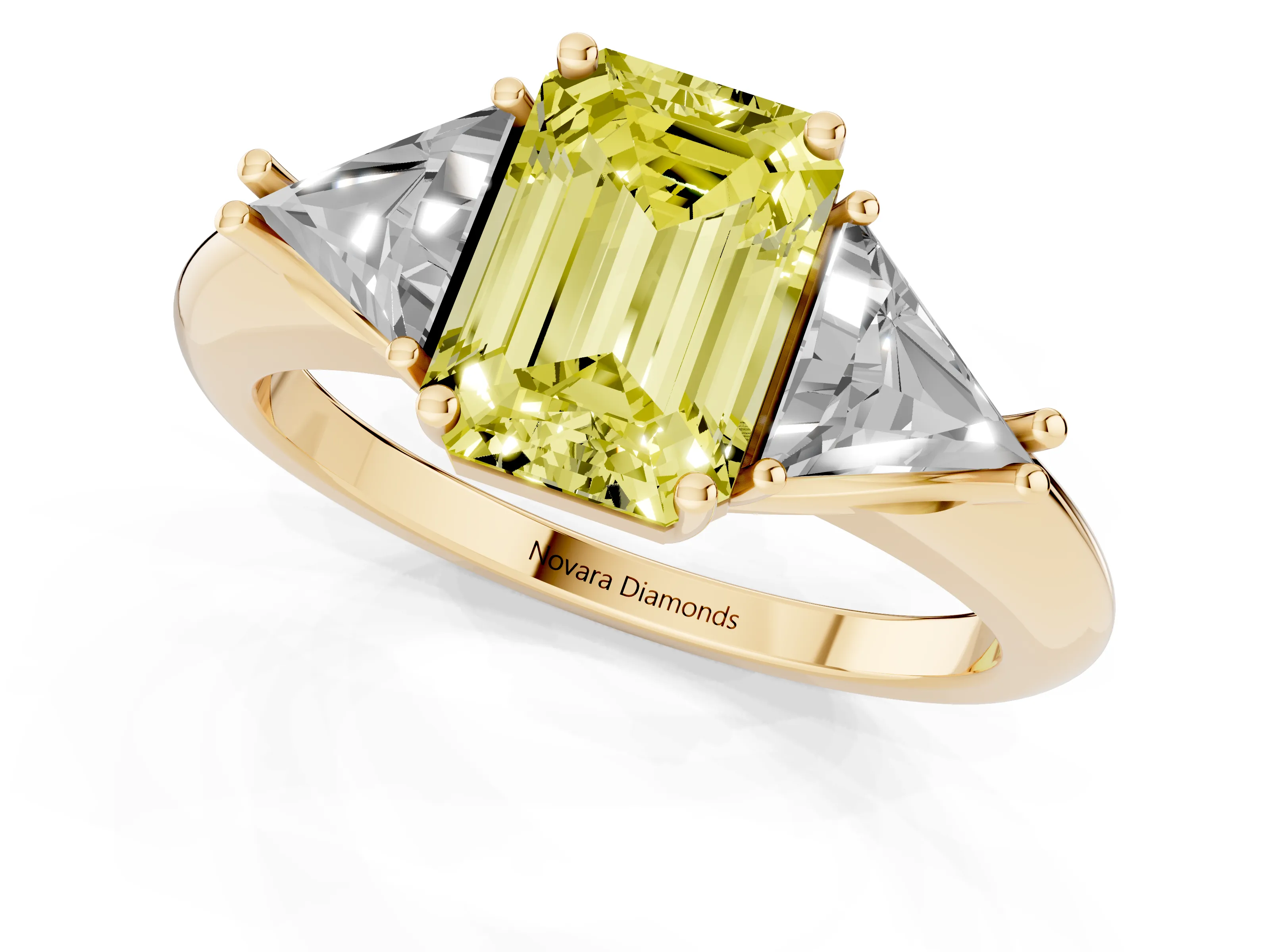 Fancy Yellow Emerald Cut Diamond Three-Stone Engagement Ring Set in Yellow gold with Trillion Side Stones