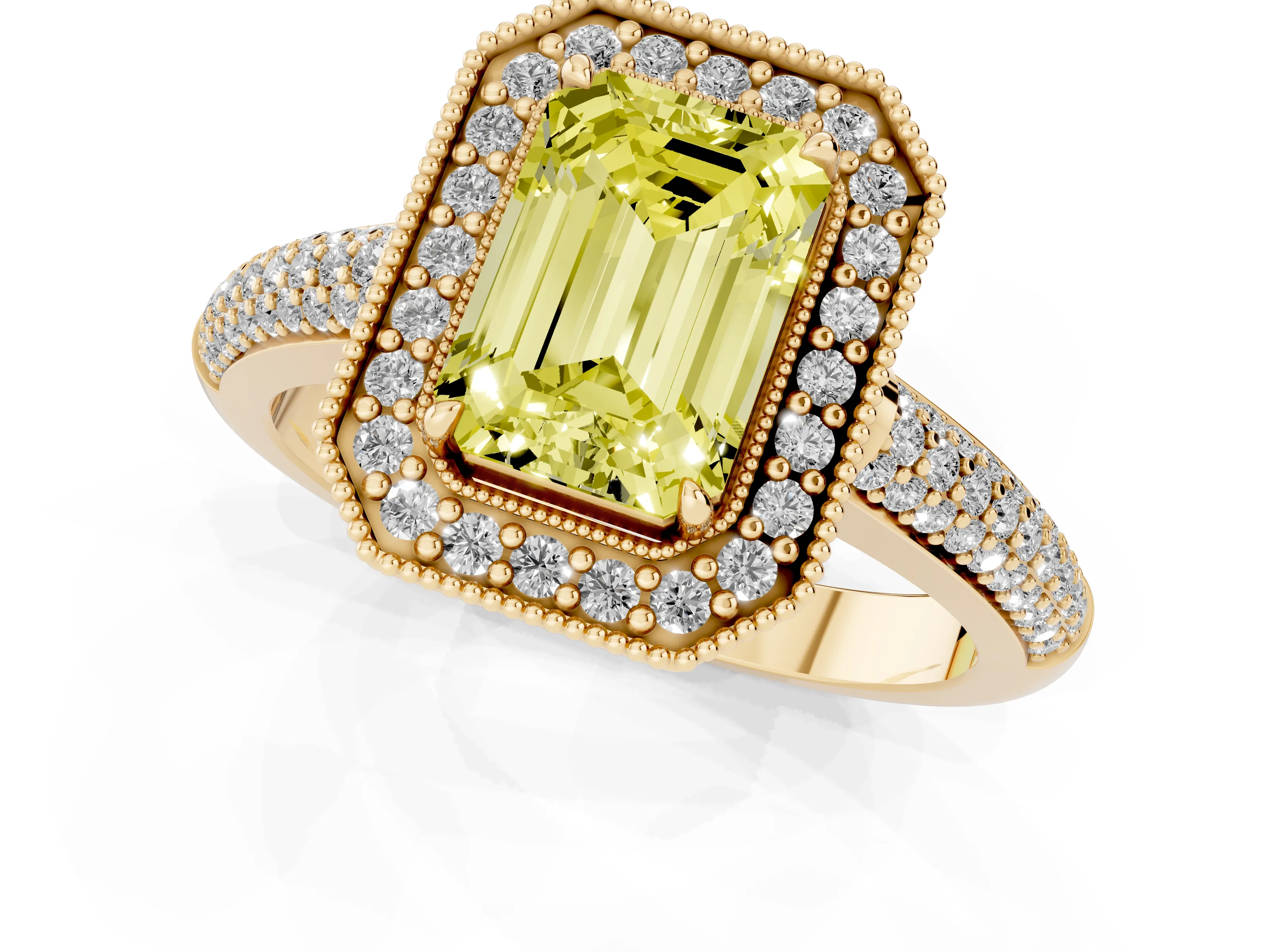Fancy Yellow Emerald Cut Diamond Halo Pavé Band Set in Yellow gold with Prong Setting