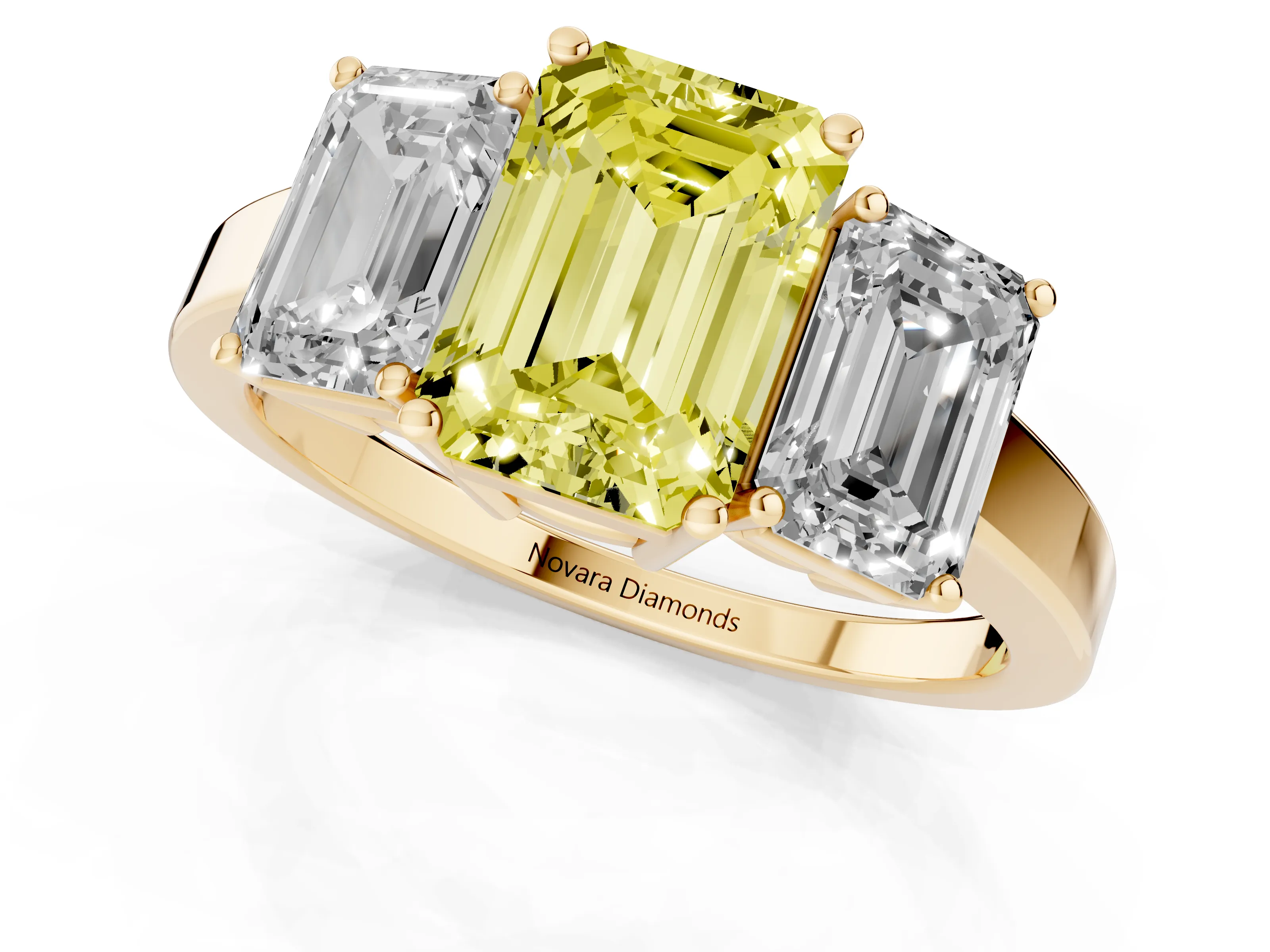 Fancy Yellow Emerald Cut Diamond Three-Stone Engagement Ring Set in Yellow gold with Flat Band