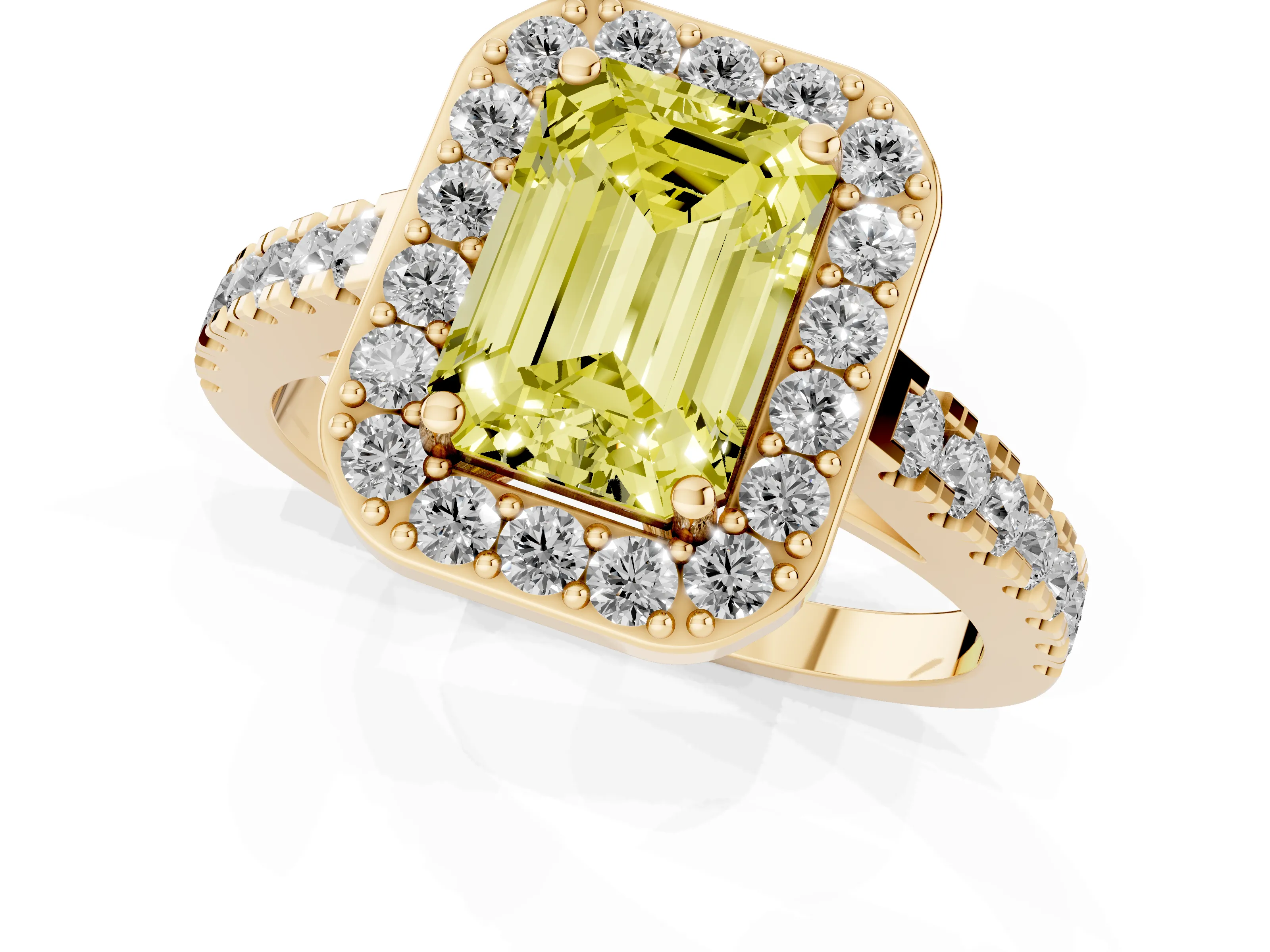 Fancy Yellow Emerald Cut Diamond Halo Ring Set in Yellow gold with Round Pavé Split Shank and Prong Setting